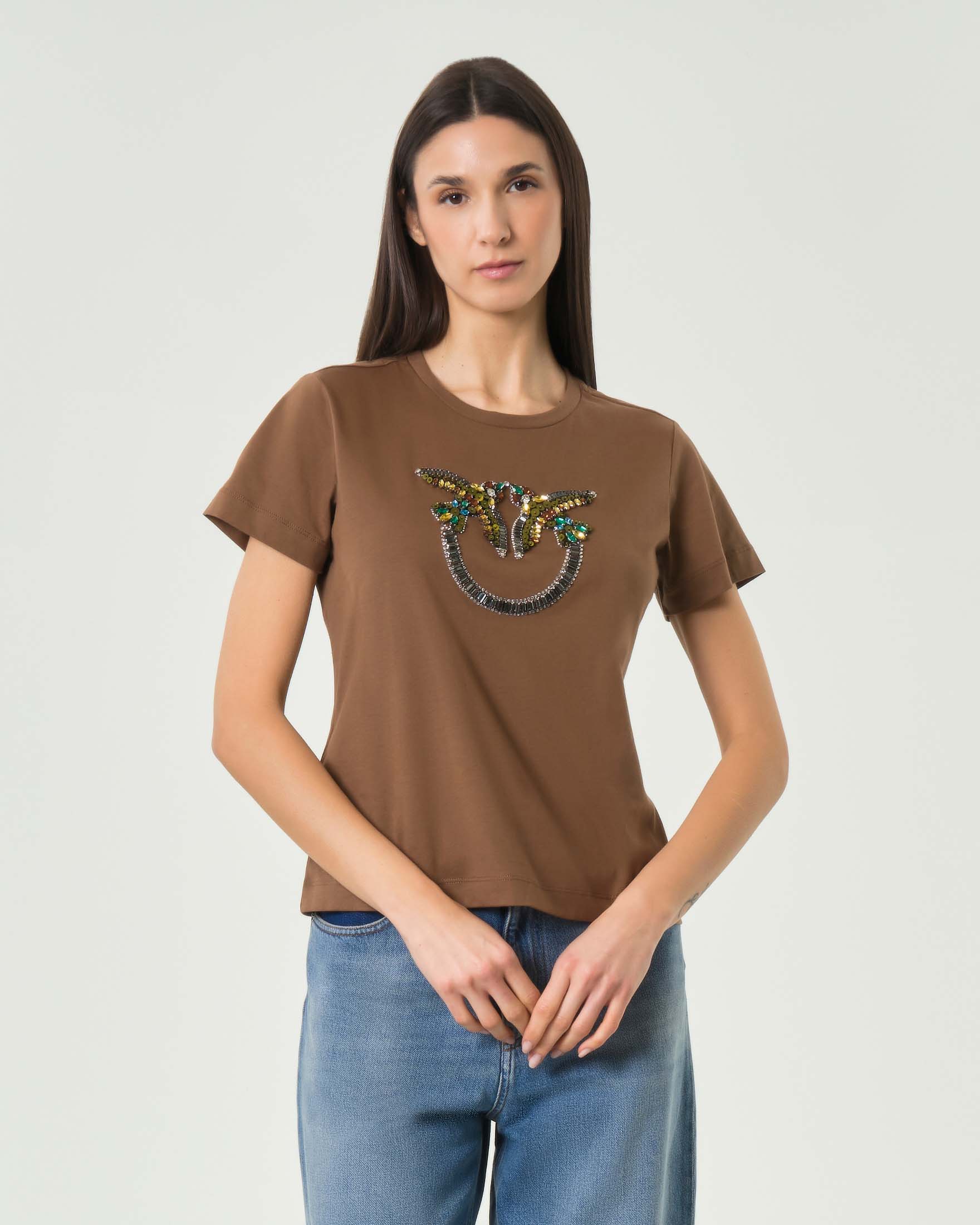 T-shirt maniche corte marrone con maxi ricamo gioiello Love Birds