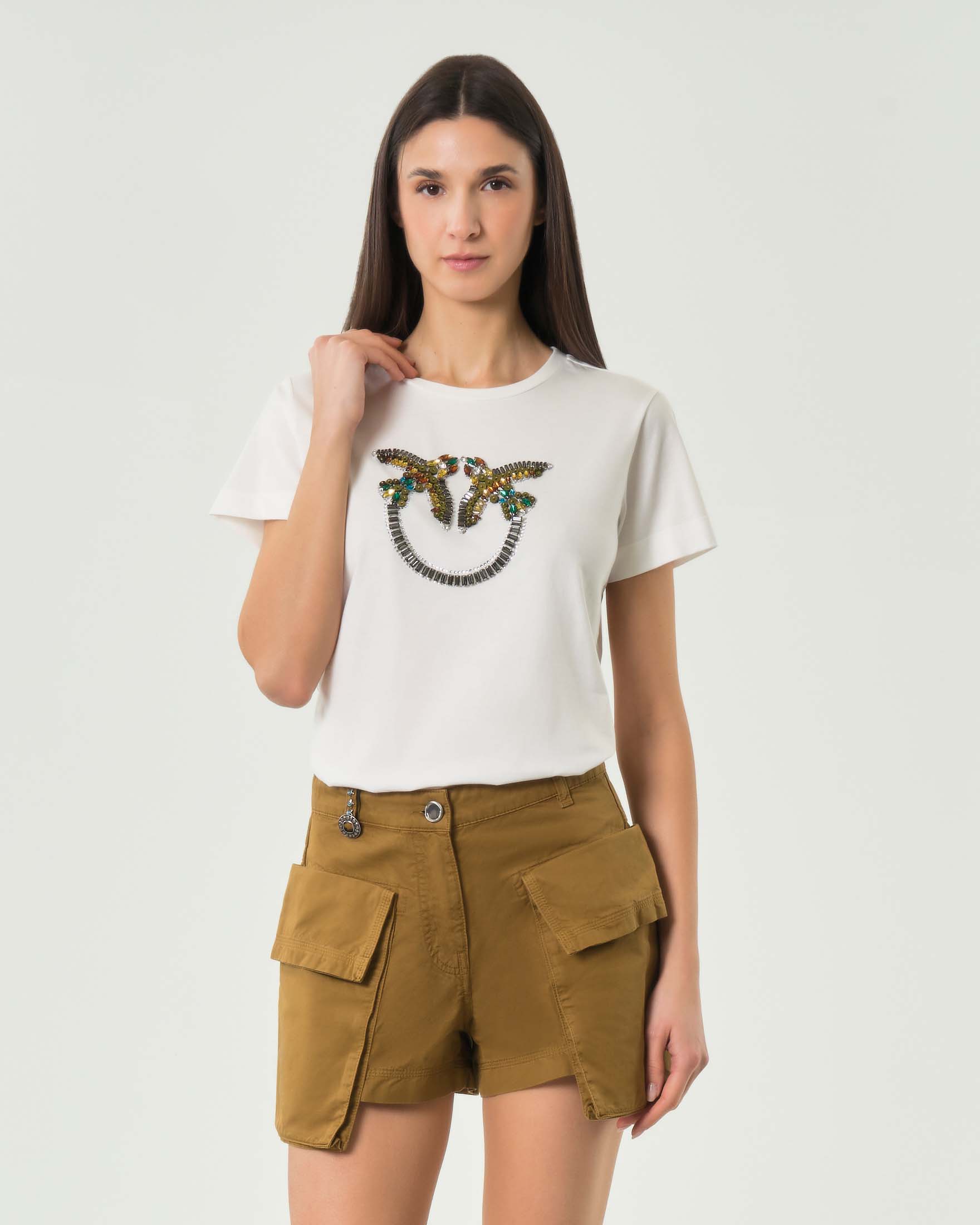 T-shirt maniche corte Pinko bianca con maxi ricamo gioiello Love Birds