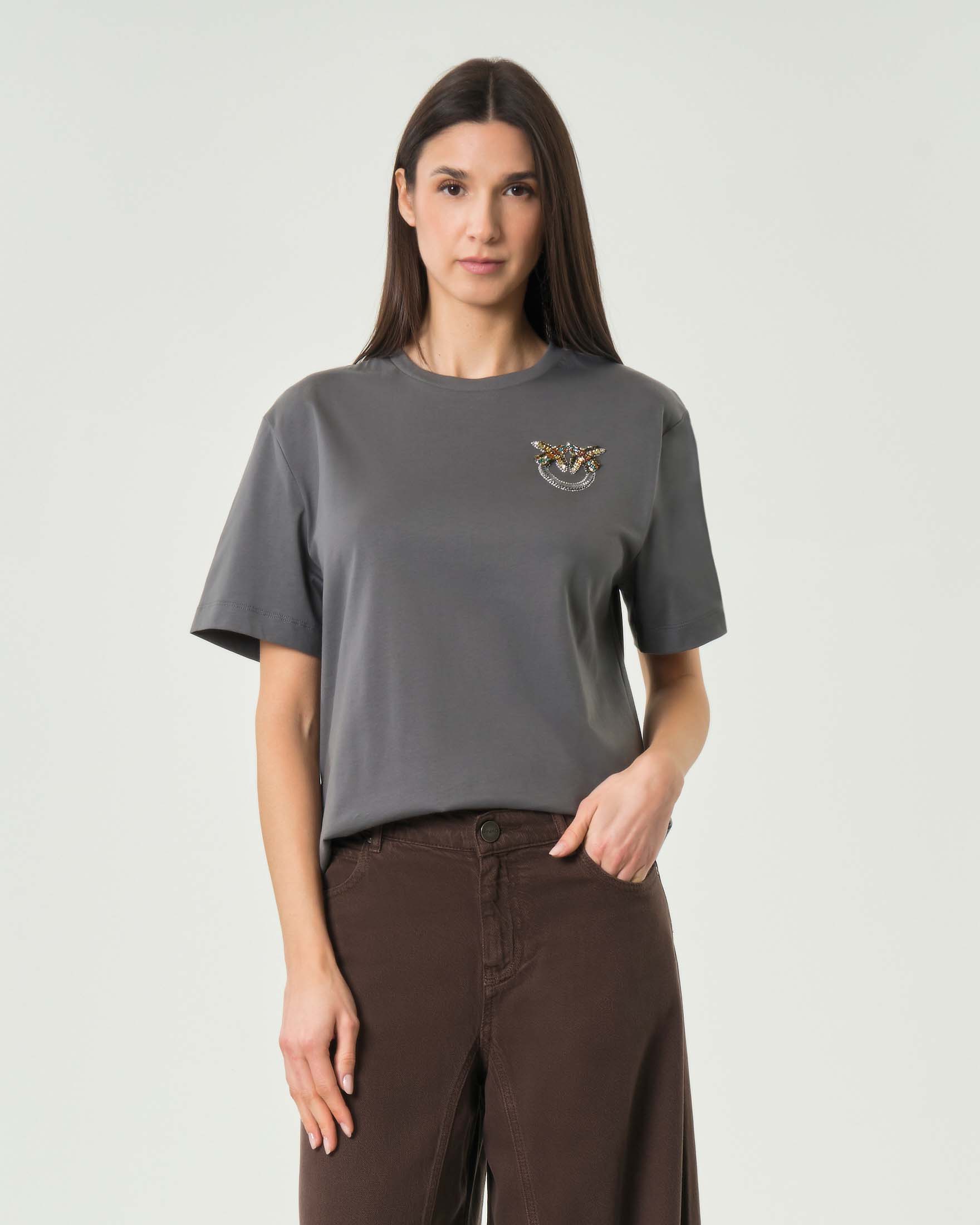 T-shirt maniche corte antracite in cotone con ricamo gioiello Love Birds sul petto