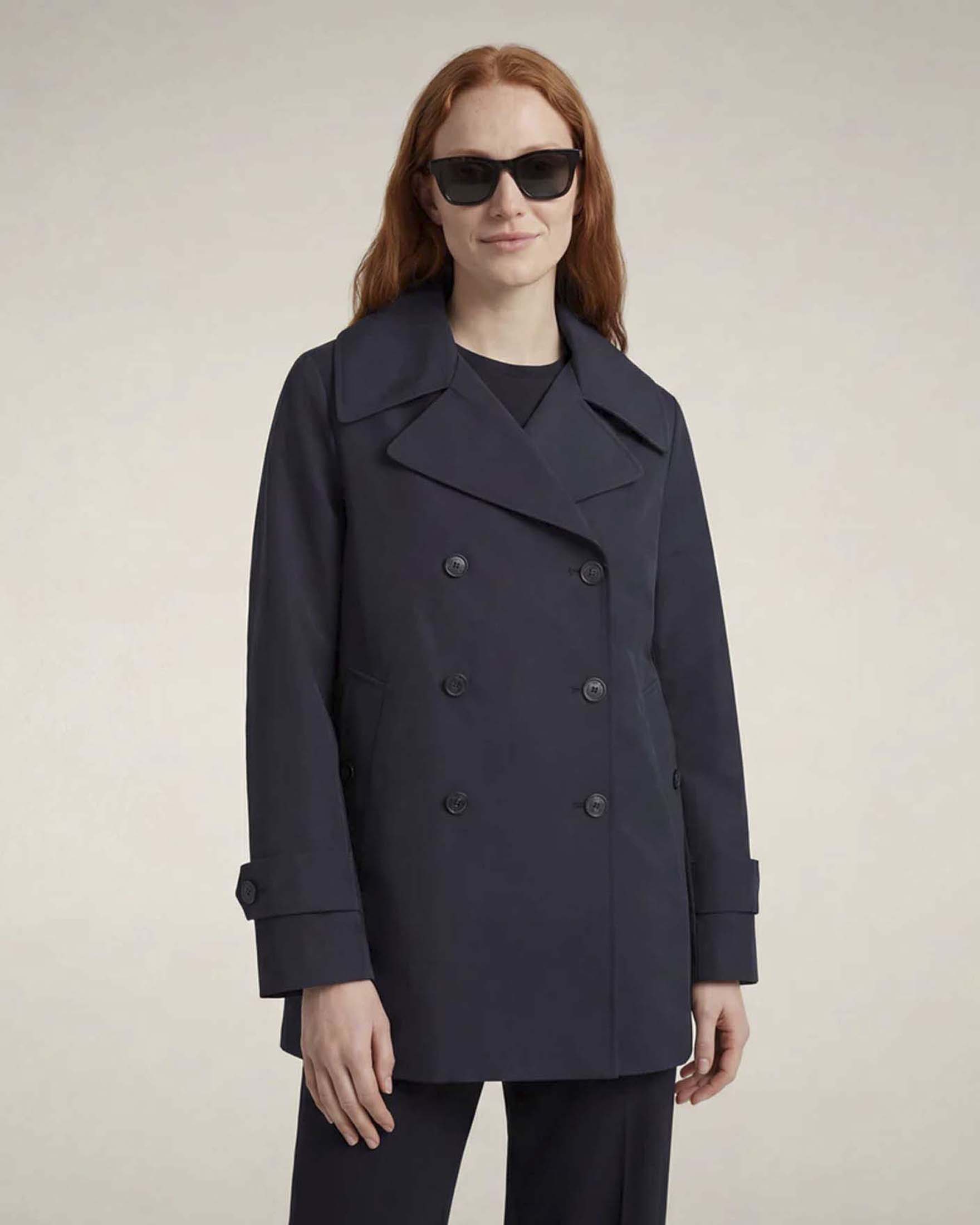 Trench corto Save The Duck blu con chiusura doppiopetto e martingala sul retro