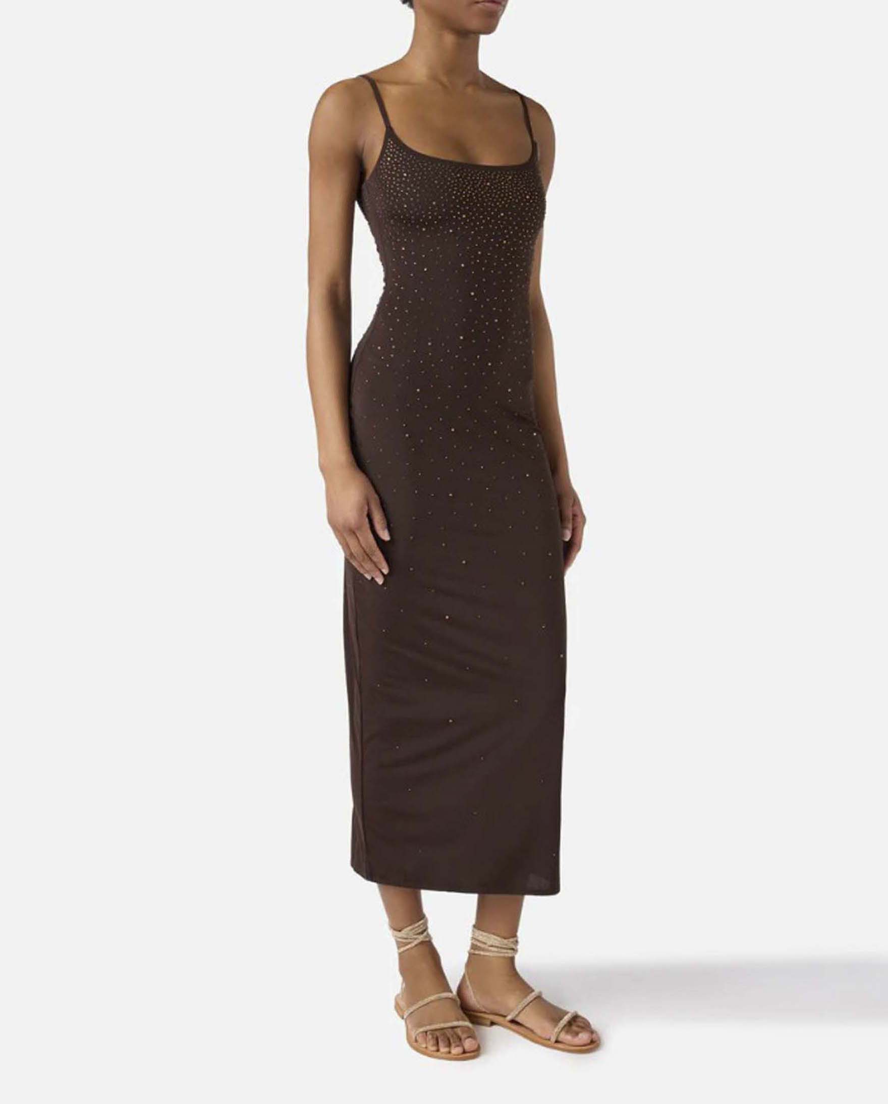 Abito midi Evy dalla linea aderente color moro in tessuto elasticizzato con strass applicati