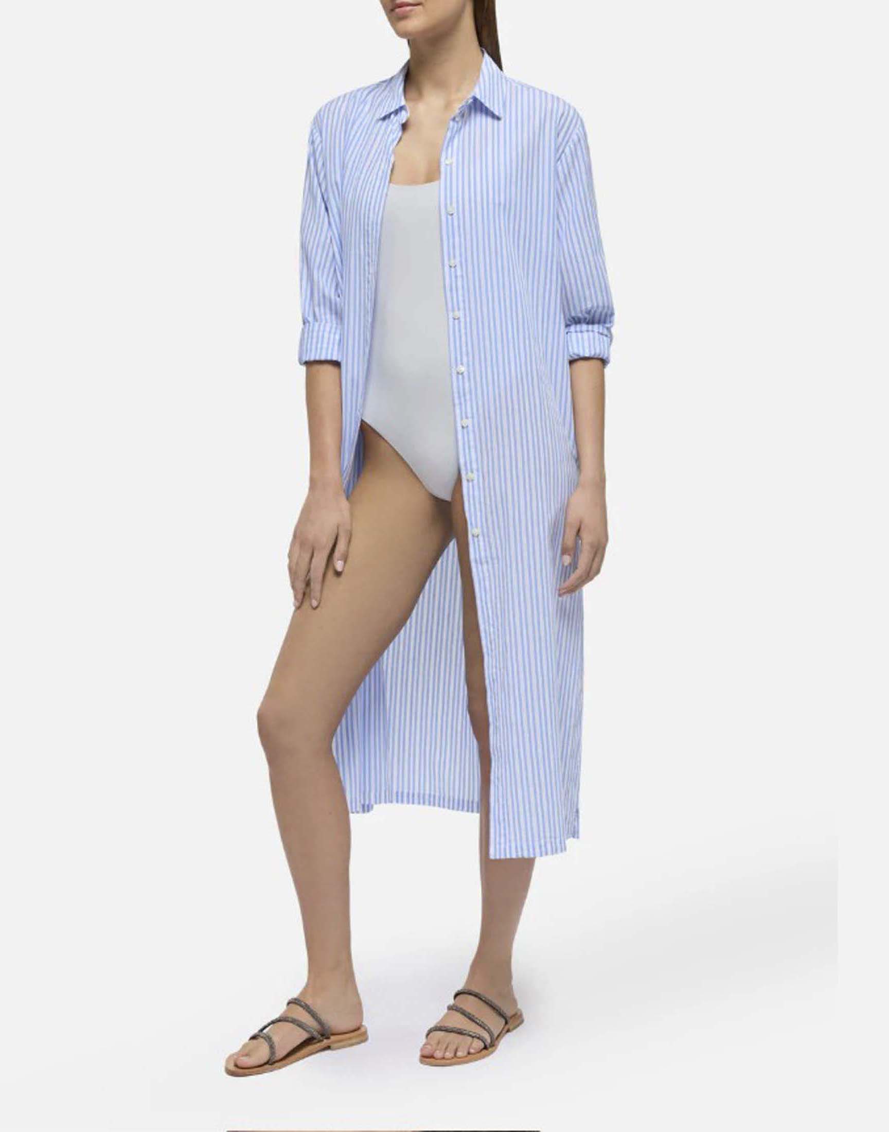 Camicia lunga MC2 Saint Barth azzurra a righe bianche con scritta logo ricamata sulle spalle
