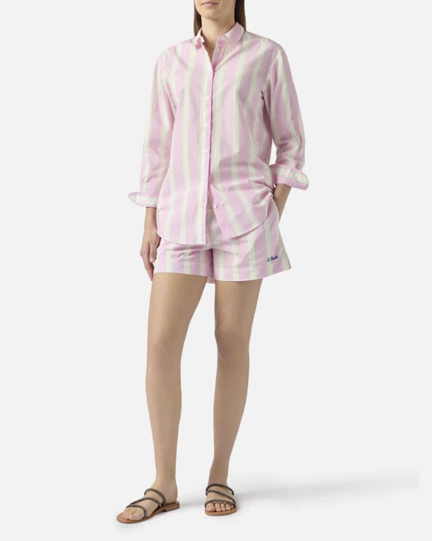 Pantaloncini corti MC2 Saint Barth in cotone a righe bianche e rosa con elastico in vita