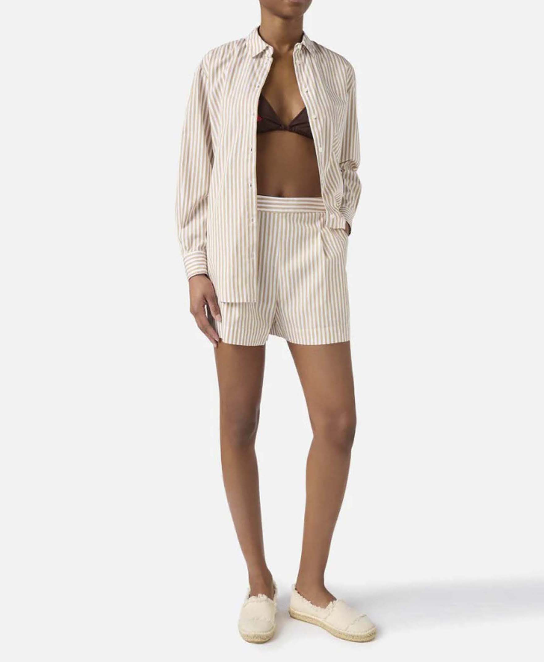 Pantaloni corti MC2 Saint Barth in cotone a righe strette bianche e beige con elastico in vita