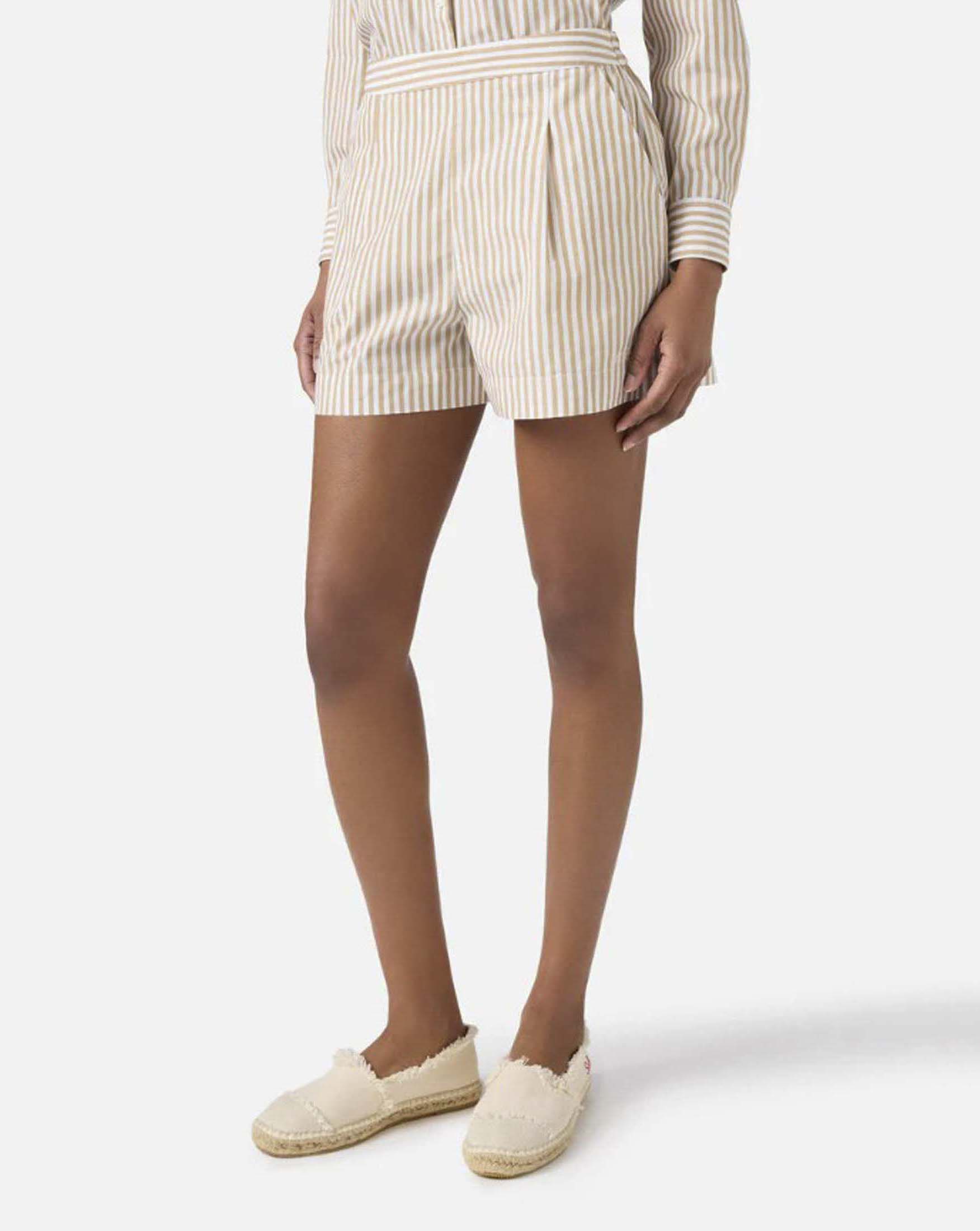 Pantaloni corti MC2 Saint Barth in cotone a righe strette bianche e beige con elastico in vita image