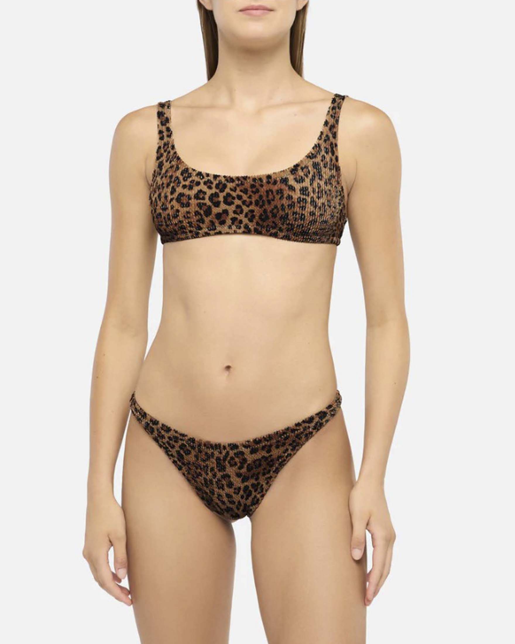 Bikini leopardato in tessuto elasticizzato crinkle con reggiseno a bralette