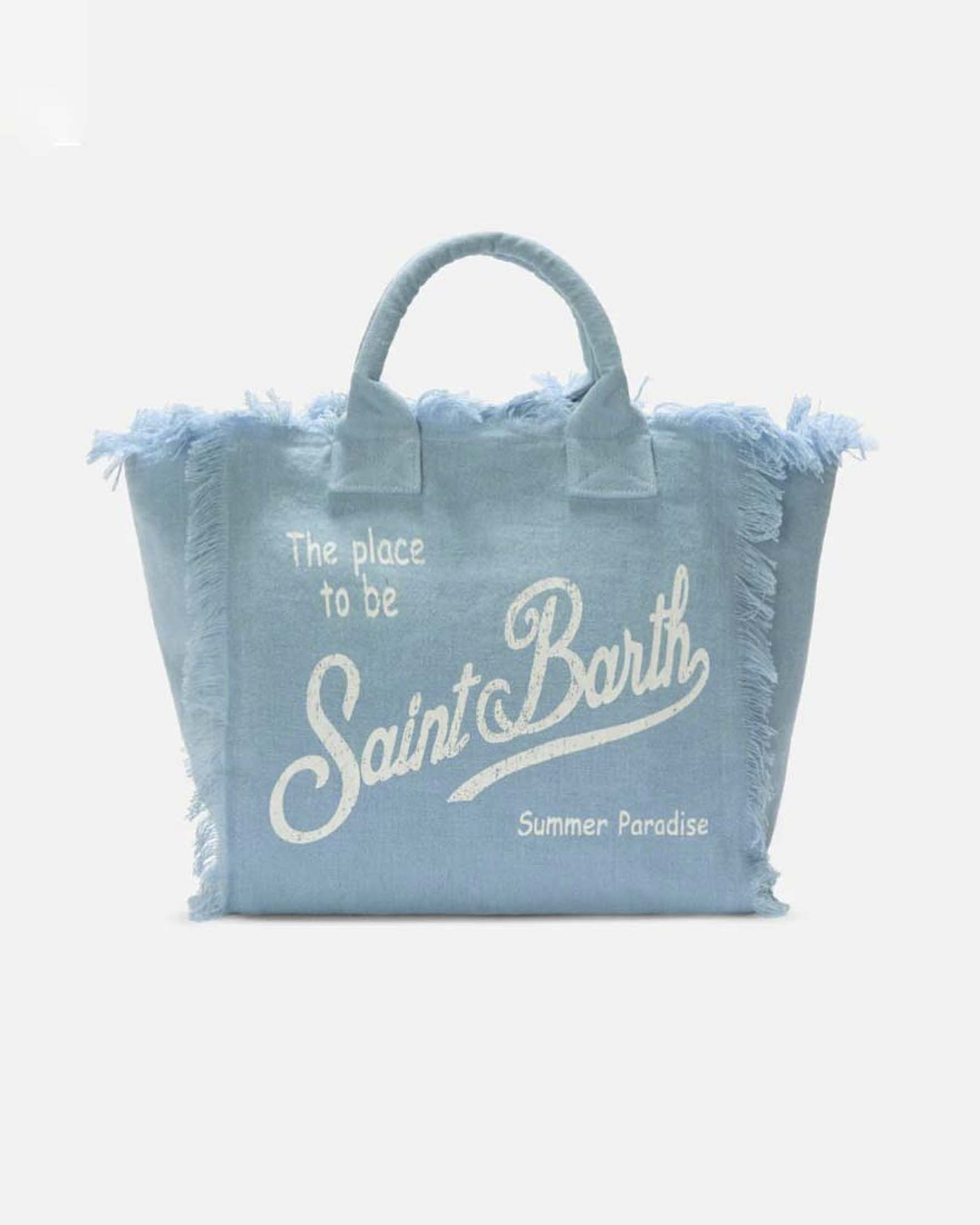 Borsa Vanity azzurra in lino con scritta logo bianca stampata e frange lungo i profili