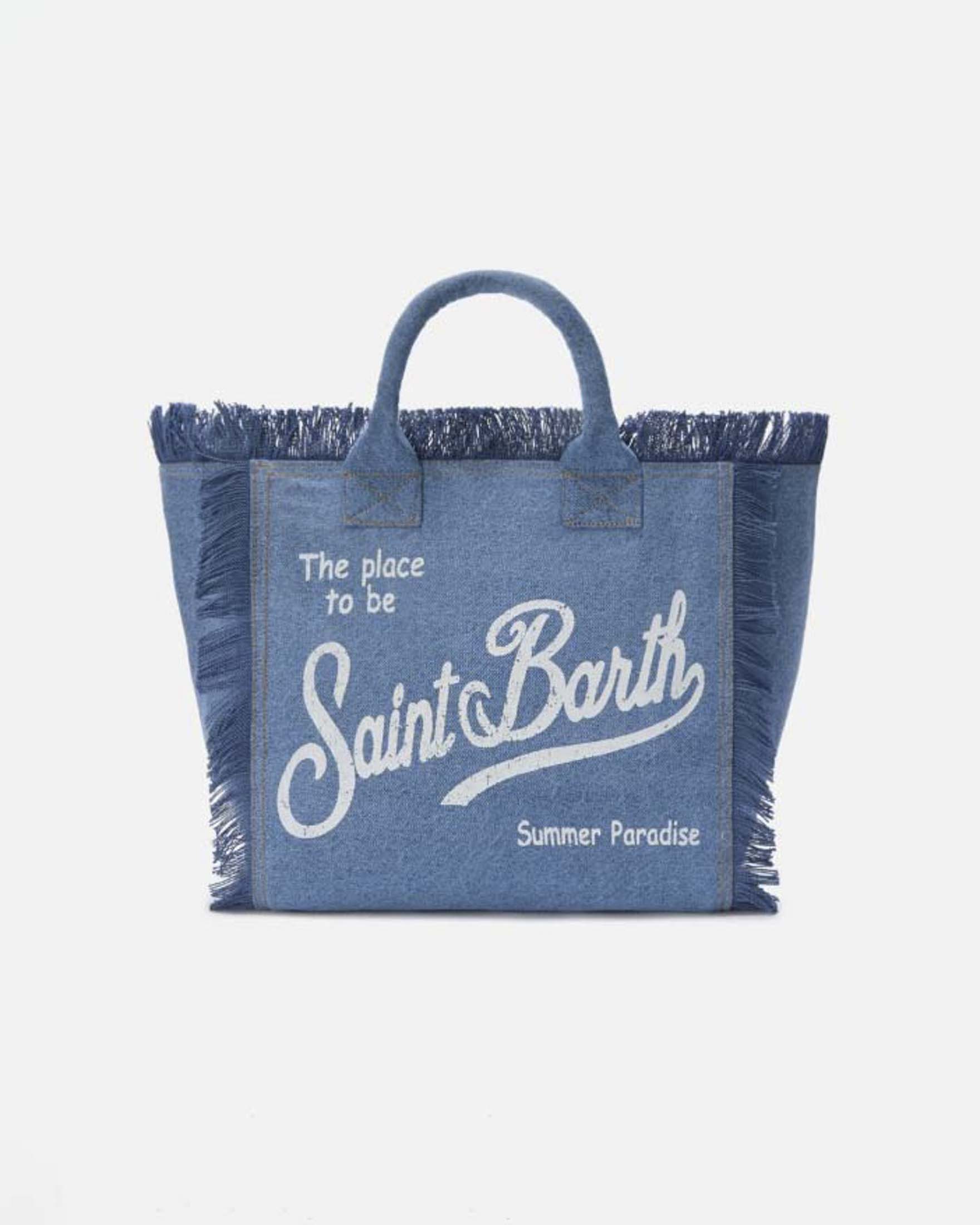 Borsa Vanity in denim di cotone con scritta logo bianca stampata e frange lungo i profili
