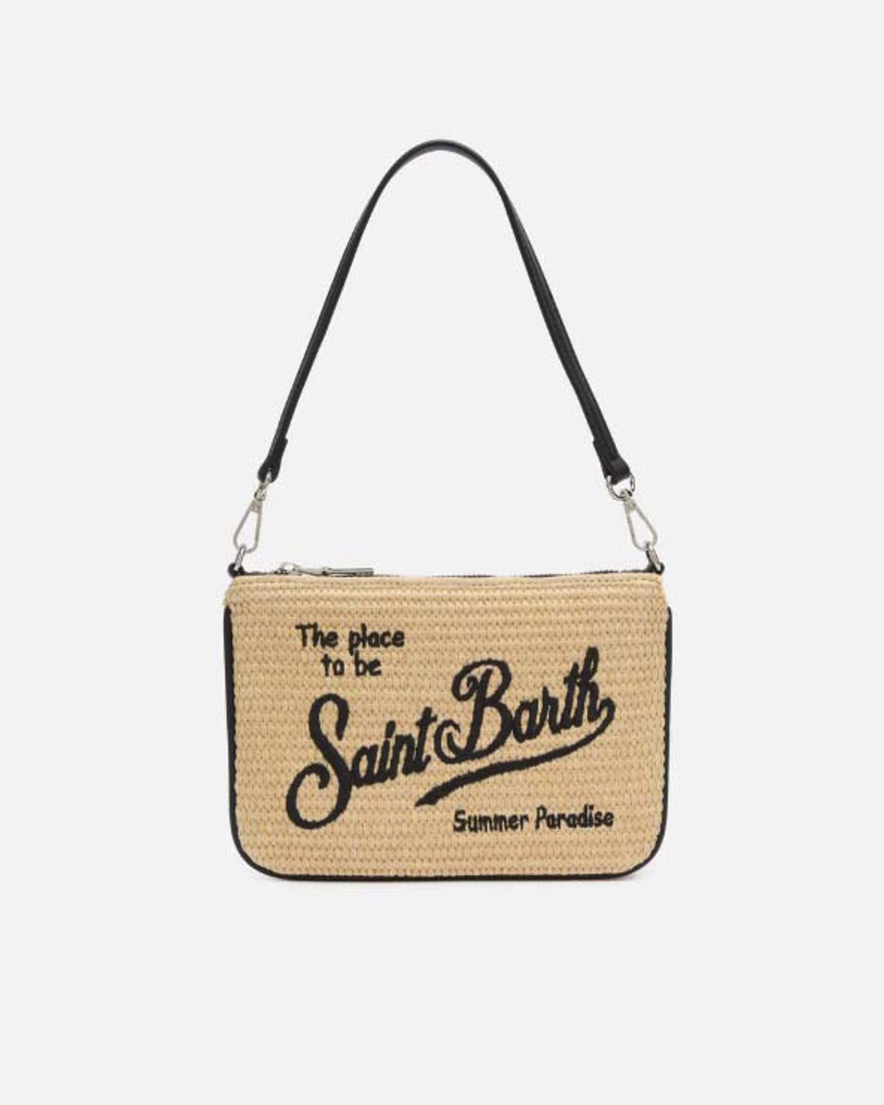 Borsa a spalla Parisienne naturale in paglia intrecciata con logo nero e tracolla removibile