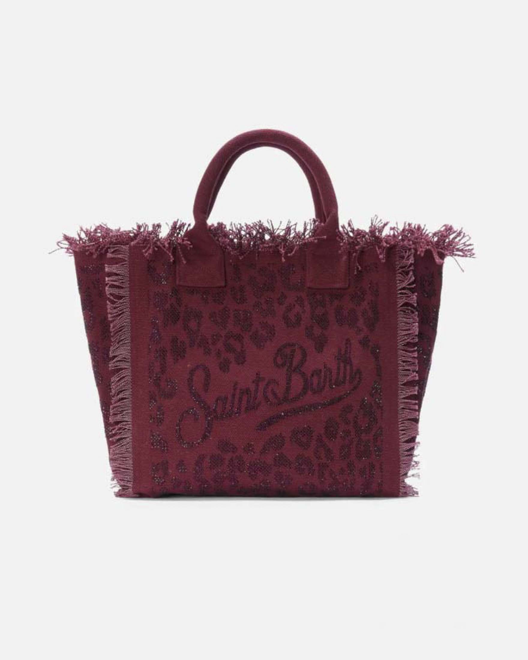Borsa Vanity bordeaux in cotone con fantasia maculata e scritta logo tono su tono in strass e frange lungo i profili
