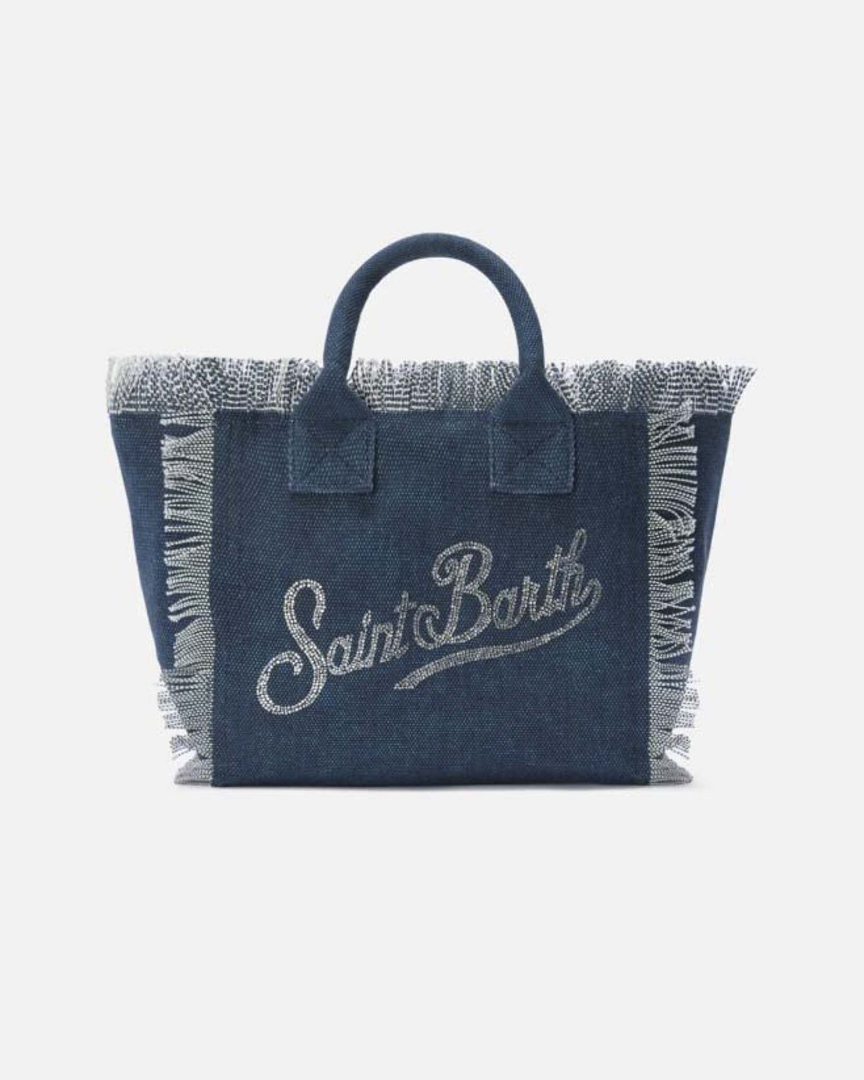 Borsa Colette in denim di cotone con scritta logo in strass e frange lungo i profili