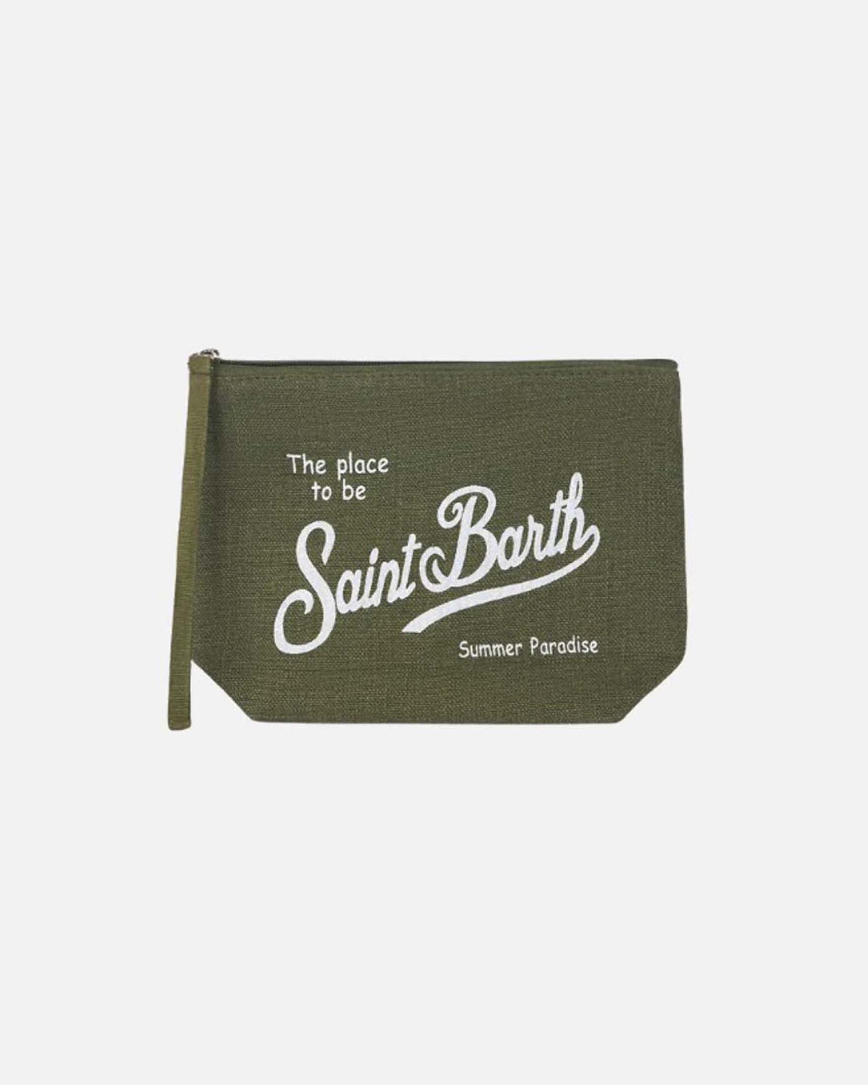 Pochette verde militare in lino con scritta logo ricamata a contrasto di colore