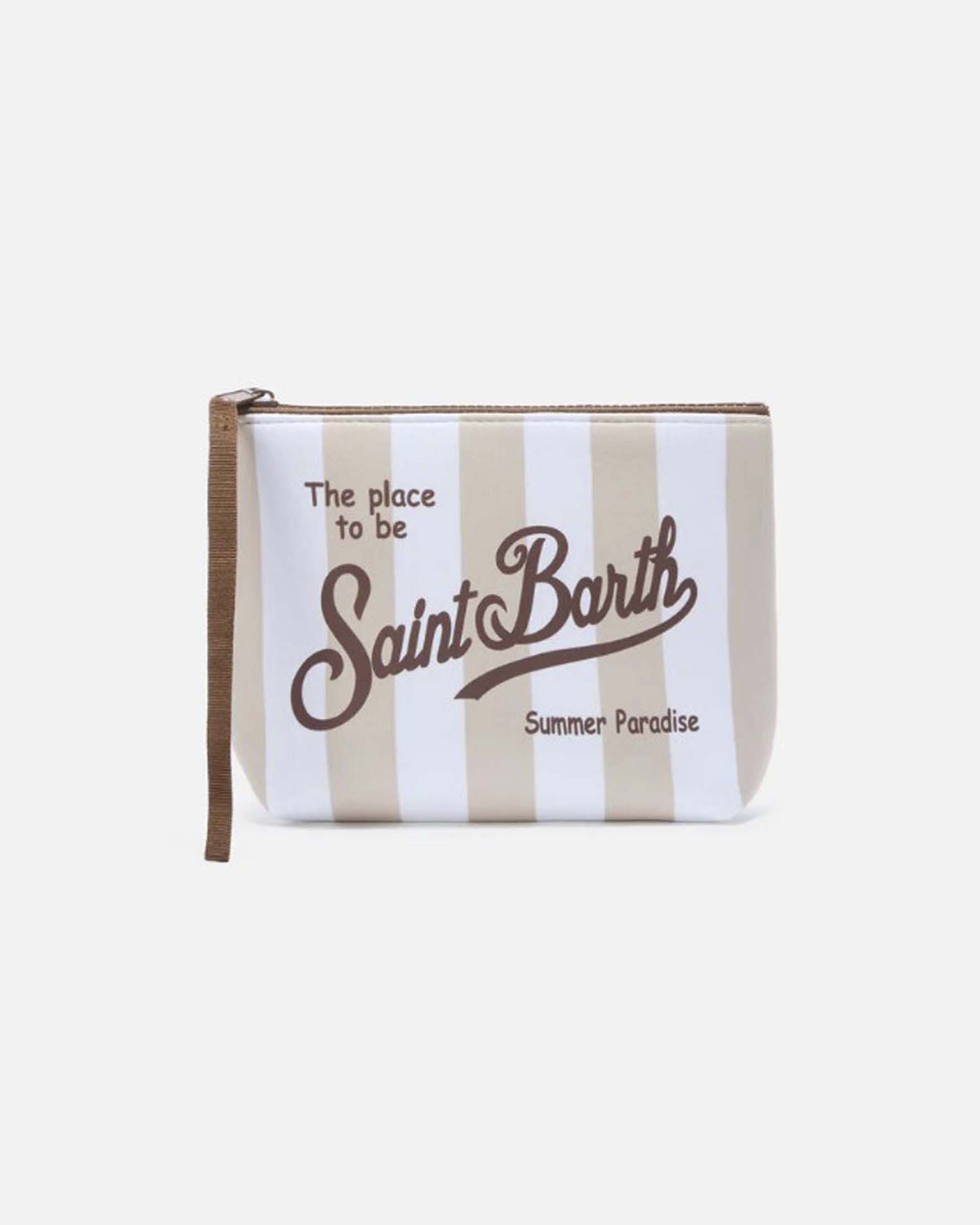 Pochette in neoprene a righe larghe beige e bianche con scritta logo marrone