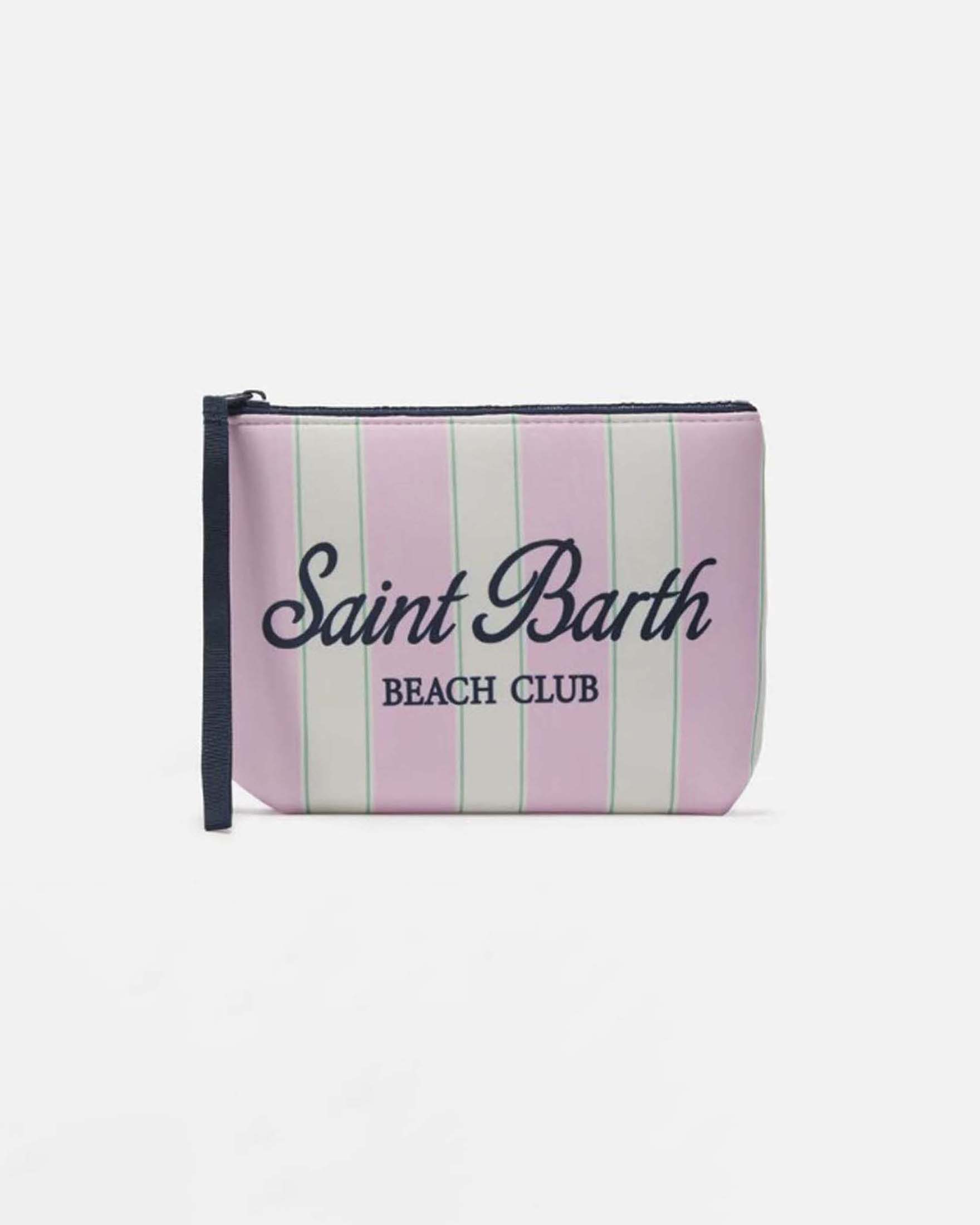 Pochette in neoprene a righe larghe rosa e bianche con profilo verde e logo blu