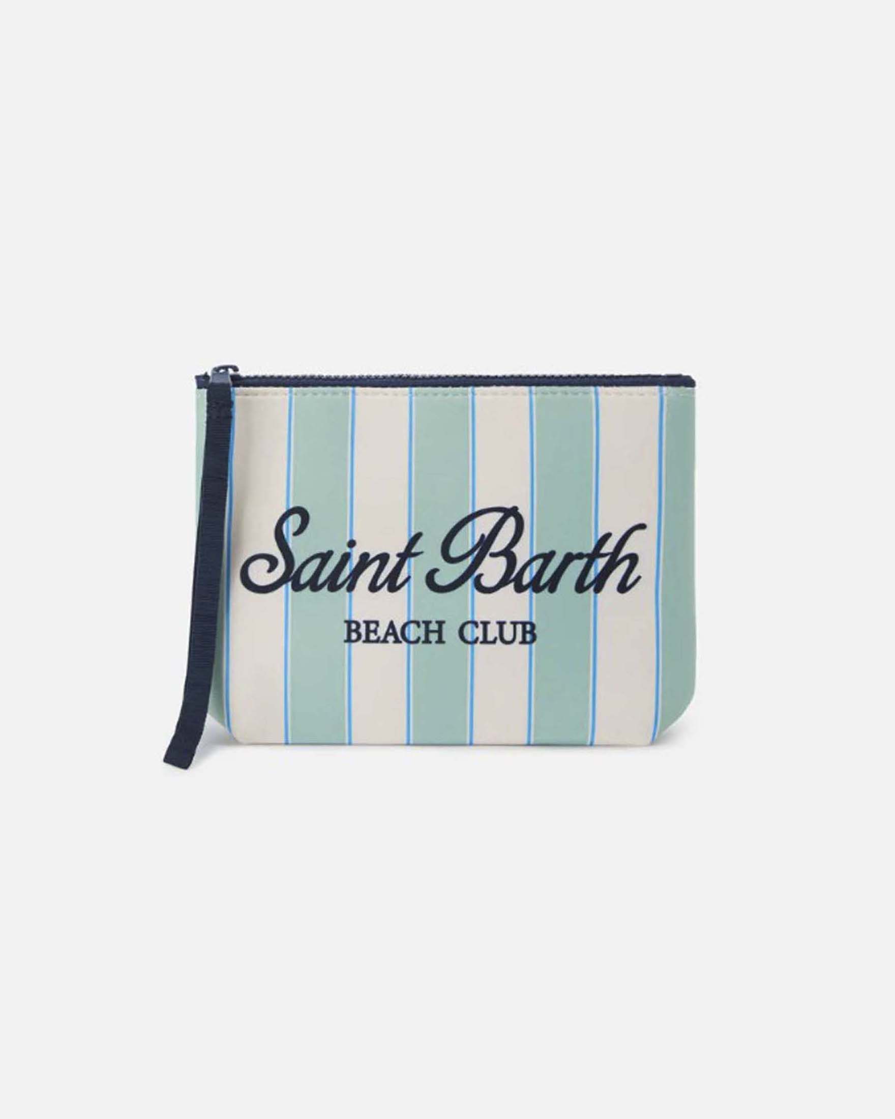 Pochette in neoprene a righe larghe salvia e bianche con profilo celeste e logo blu