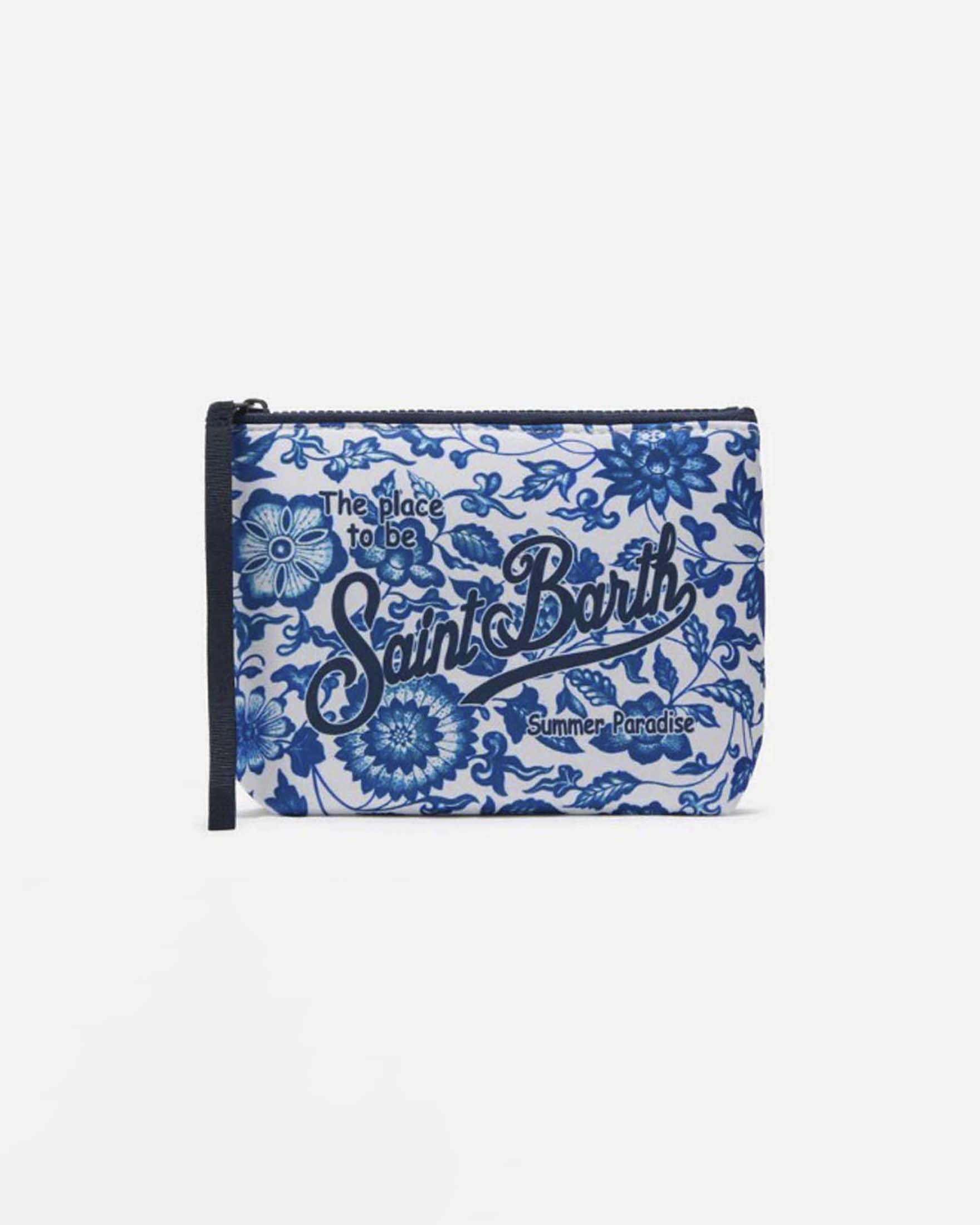 Pochette Aline bianca in neoprene con fiori blu