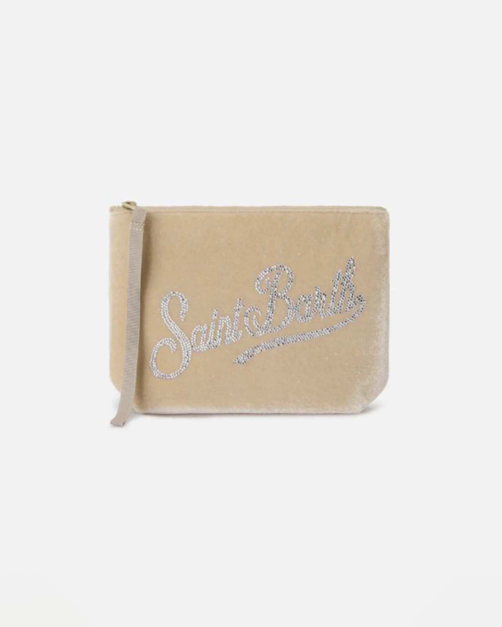 Pochette Aline beige effetto velluto con scritta logo in strass color argento