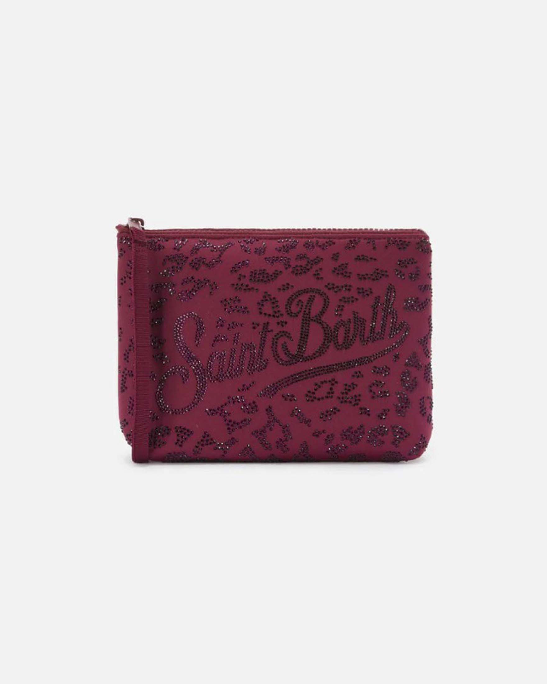 Pochette Aline bordeaux effetto velluto con scritta logo e decorazione zebrata in strass neri
