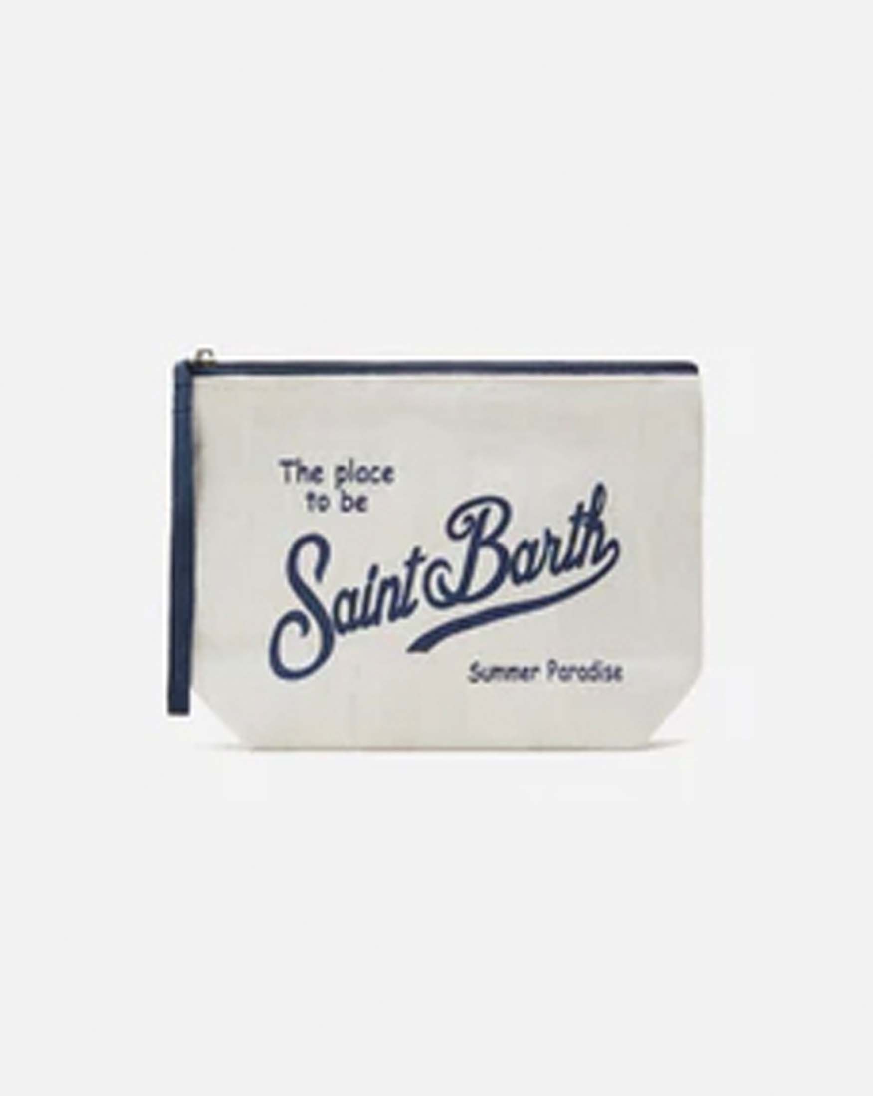 Pochette bianca in lino con scritto logo blu stampata