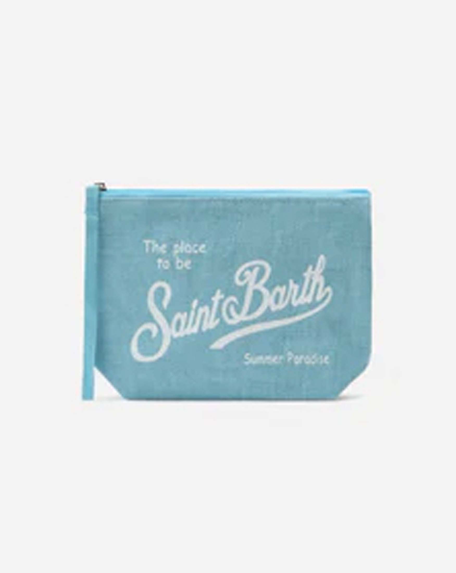 Pochette azzurra in lino con scritto logo bianca stampata