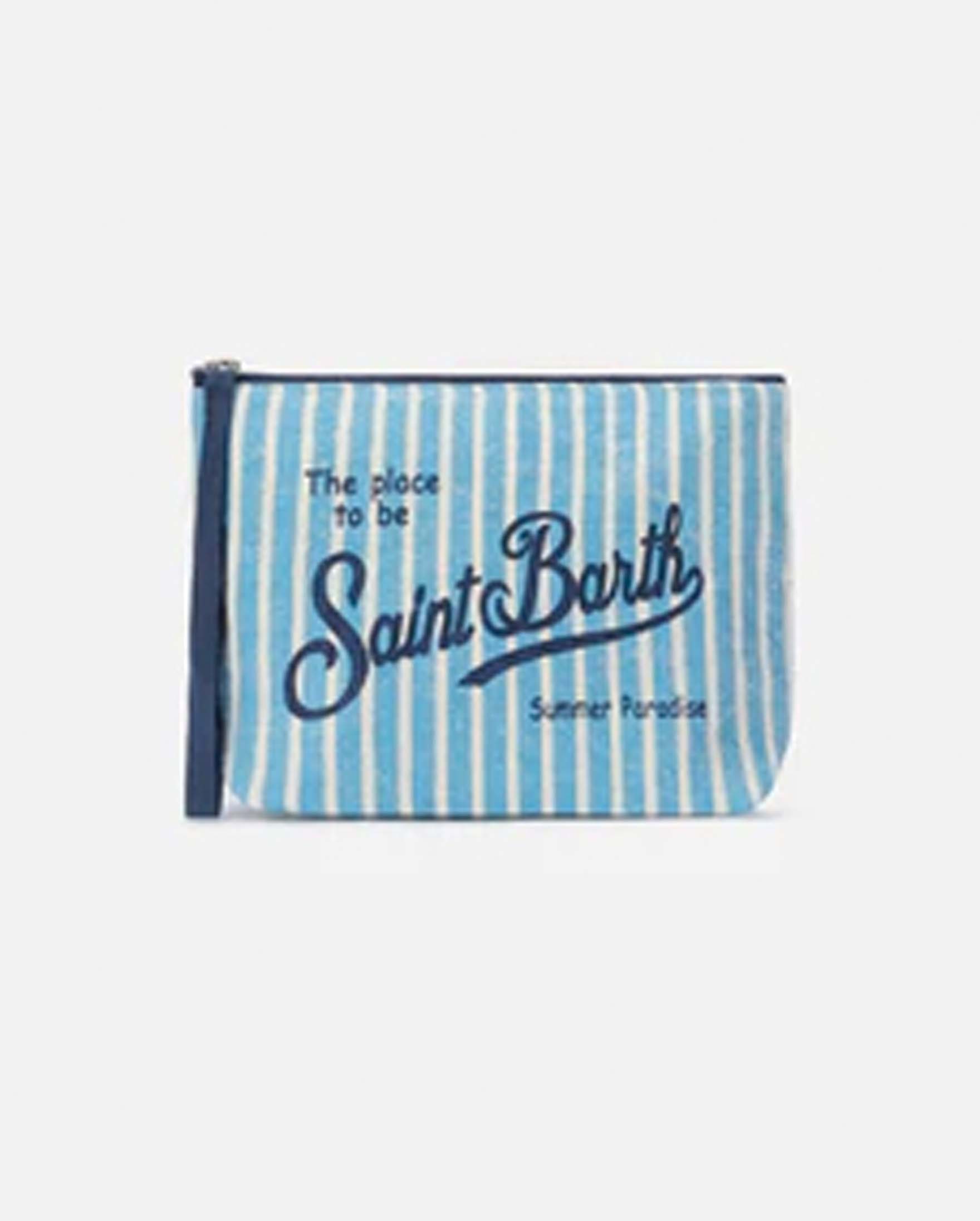 Pochette azzurra a righe bianche in lino con scritta logo blu stampata