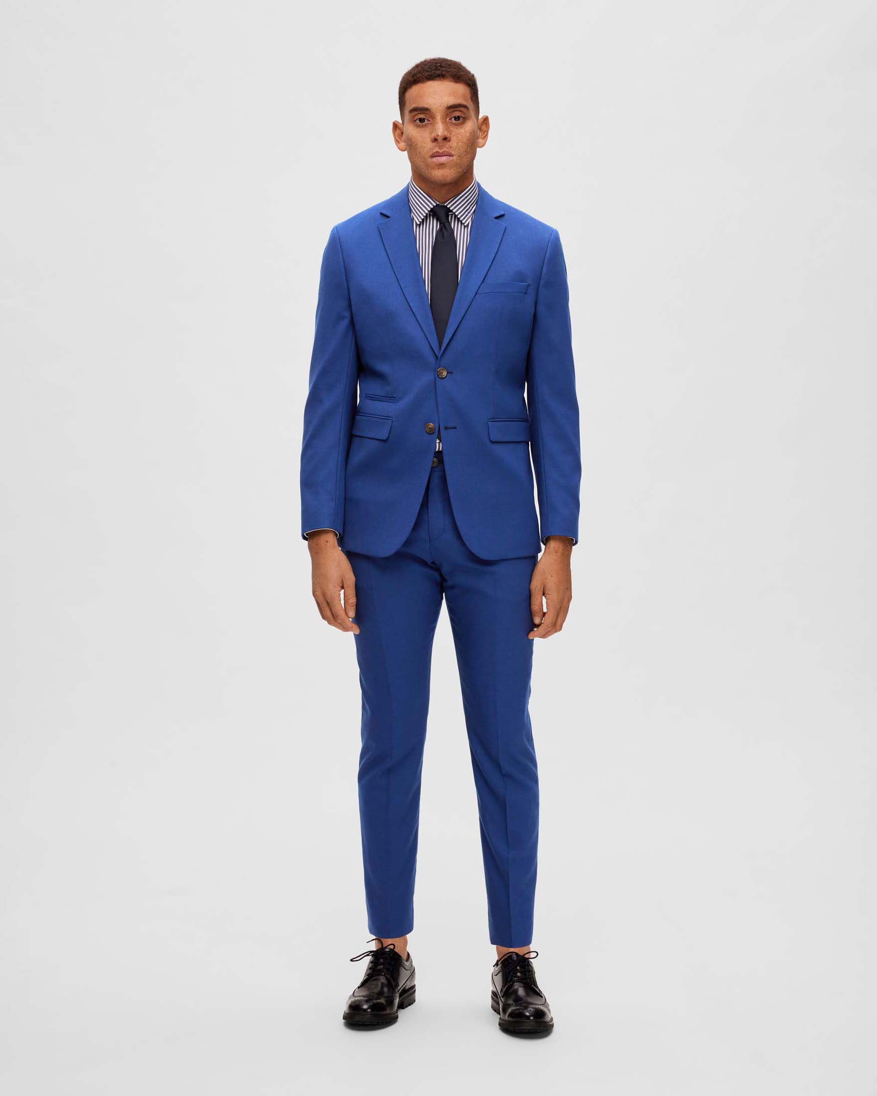 Blazer Selected Homme blu royal in tessuto armaturato di misto lana stretch con chiusura monopetto