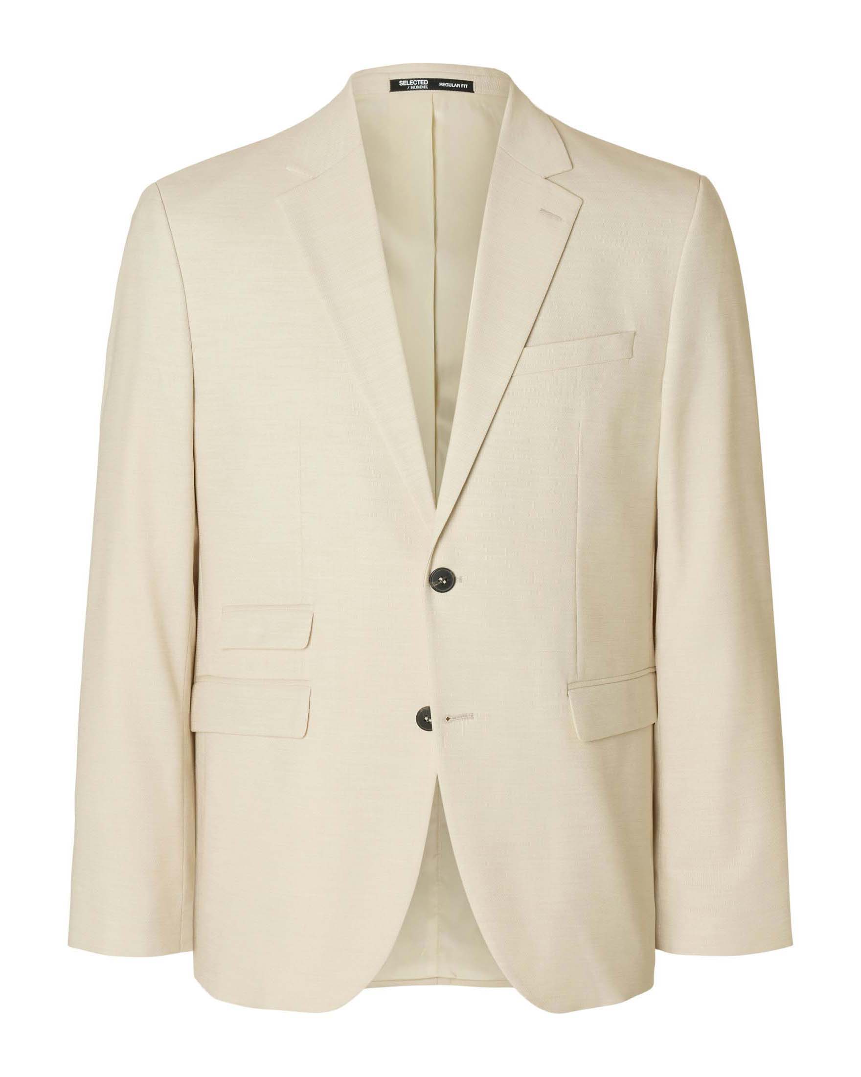 Blazer Selected Homme beige in tessuto armaturato di misto lana stretch con chiusura monopetto