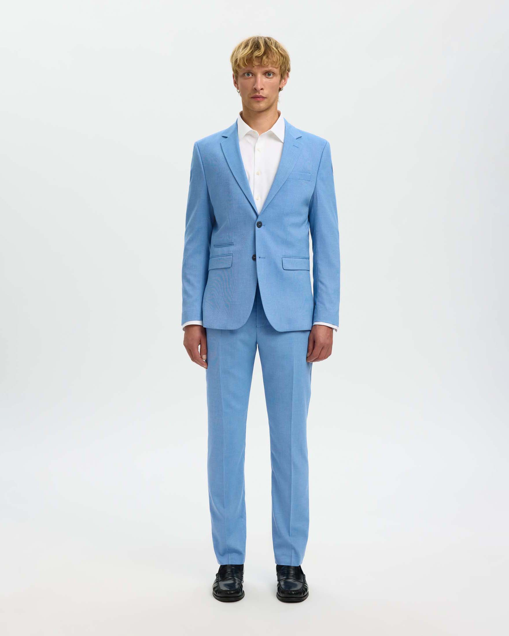 Blazer Selected Homme celeste in tessuto armaturato di misto lana stretch con chiusura monopetto