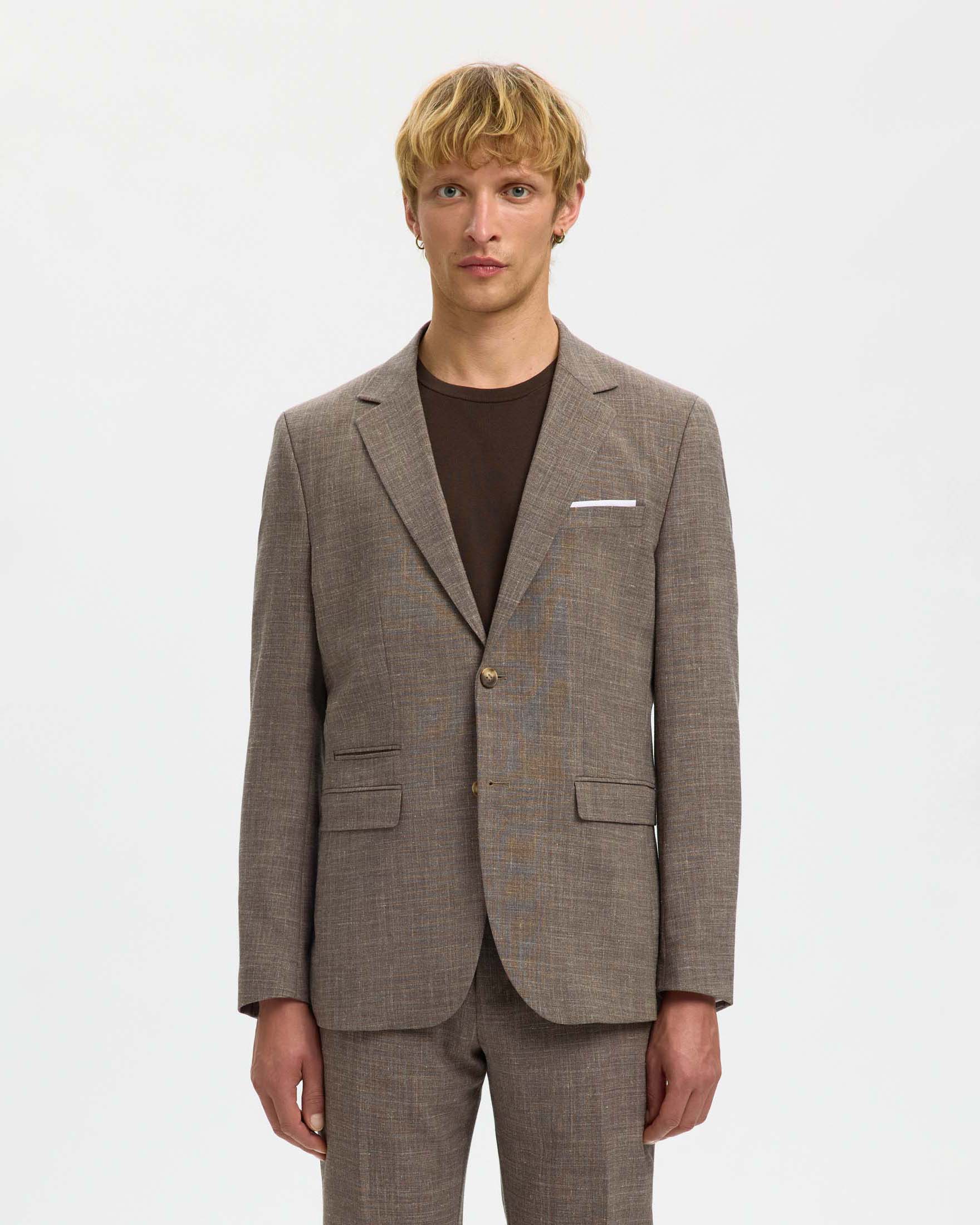 Blazer Selected Homme marrone in tessuto di misto lana e lino stretch con chiusura monopetto image