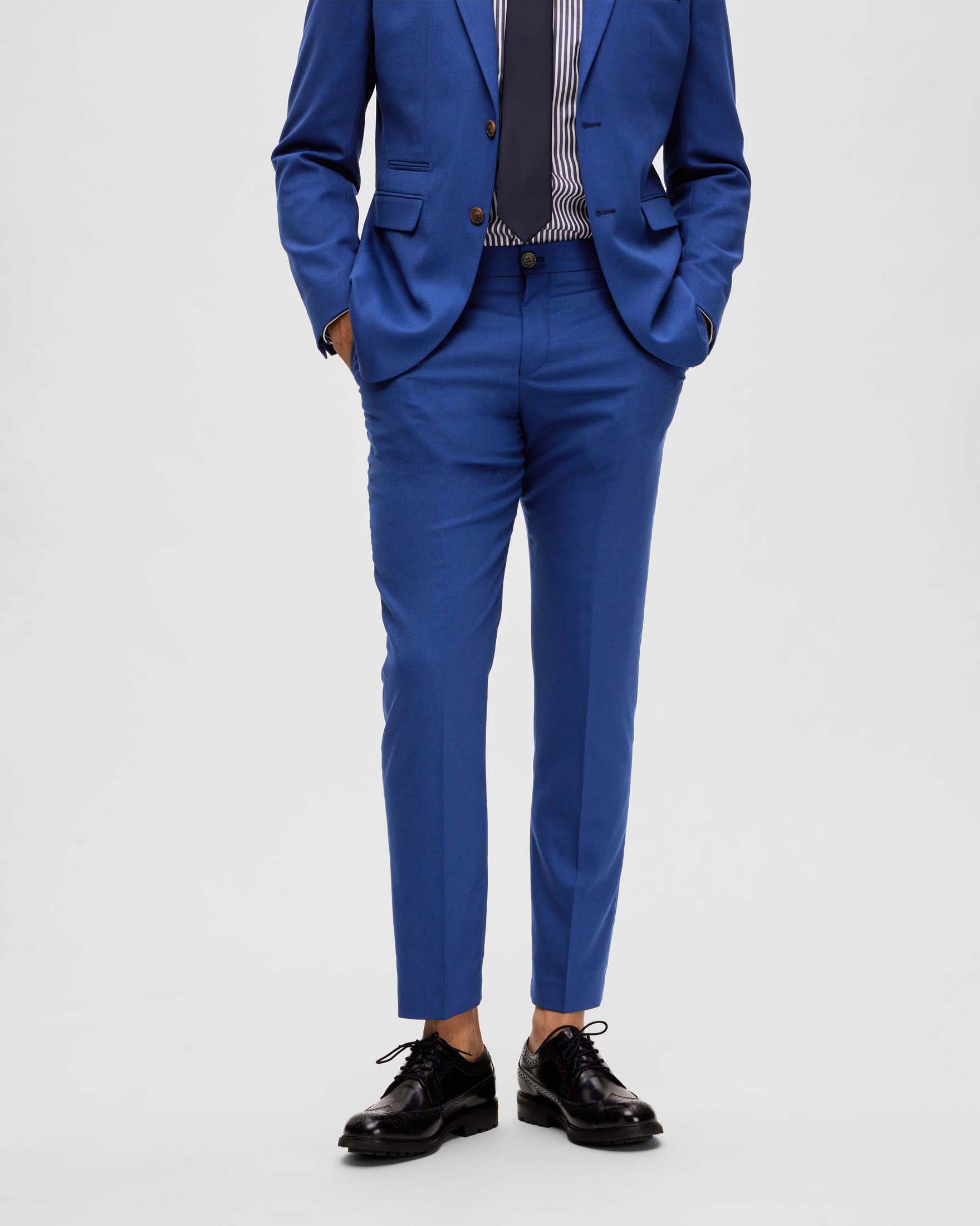 Pantaloni slim Selected Homme blu royal in tela di misto lana stretch microarmatura image