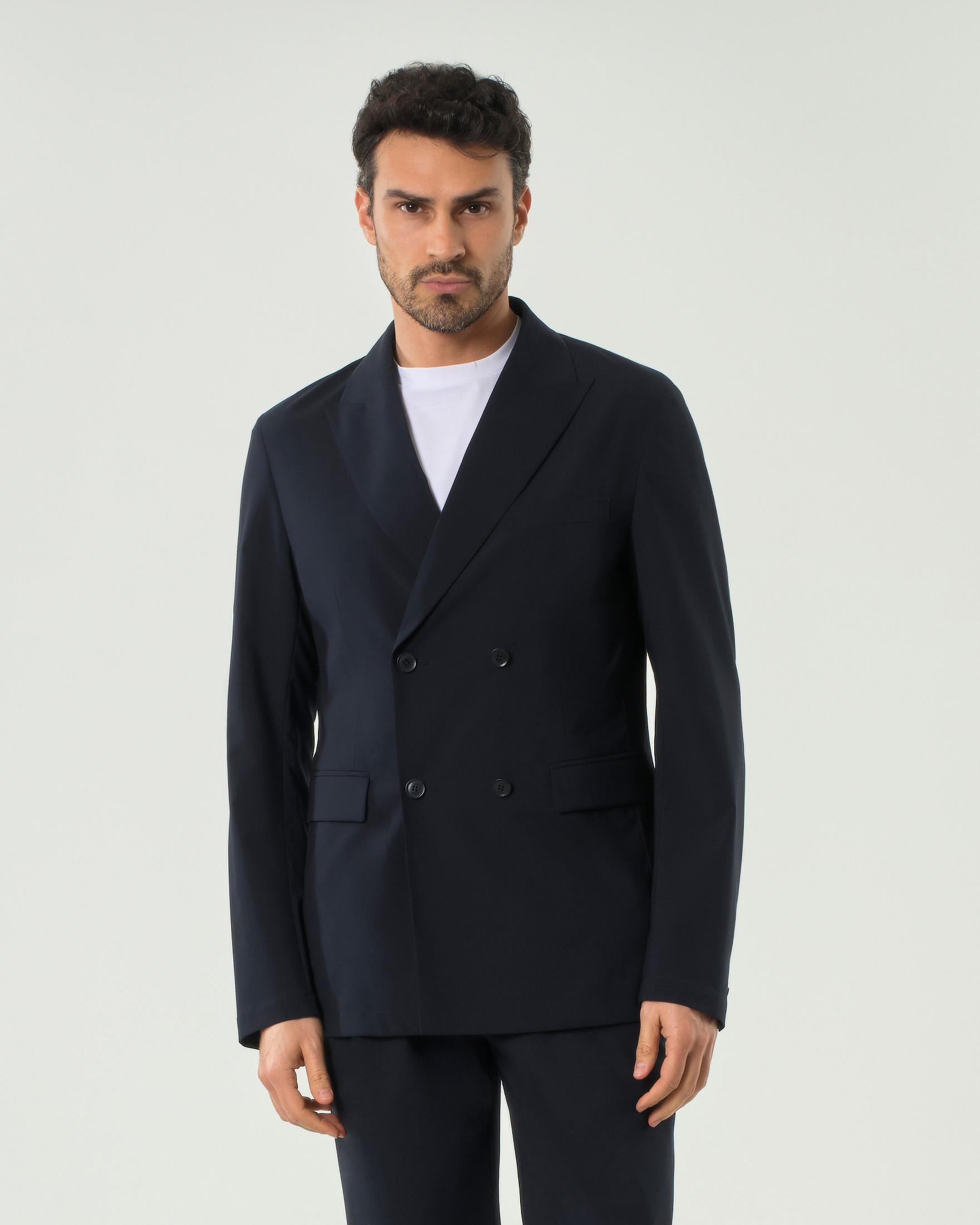 Blazer doppiopetto Duno blu in tessuto tecnico di lana stretch