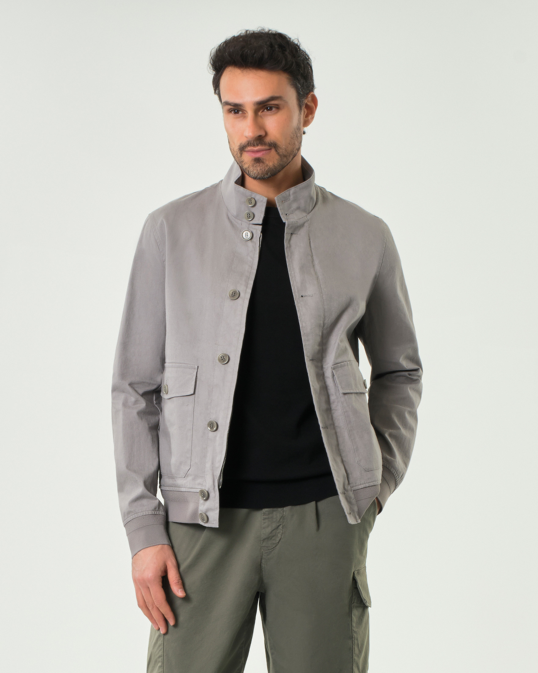 Giubbino Duno grigio in puro lino con chiusura zip e bottoni