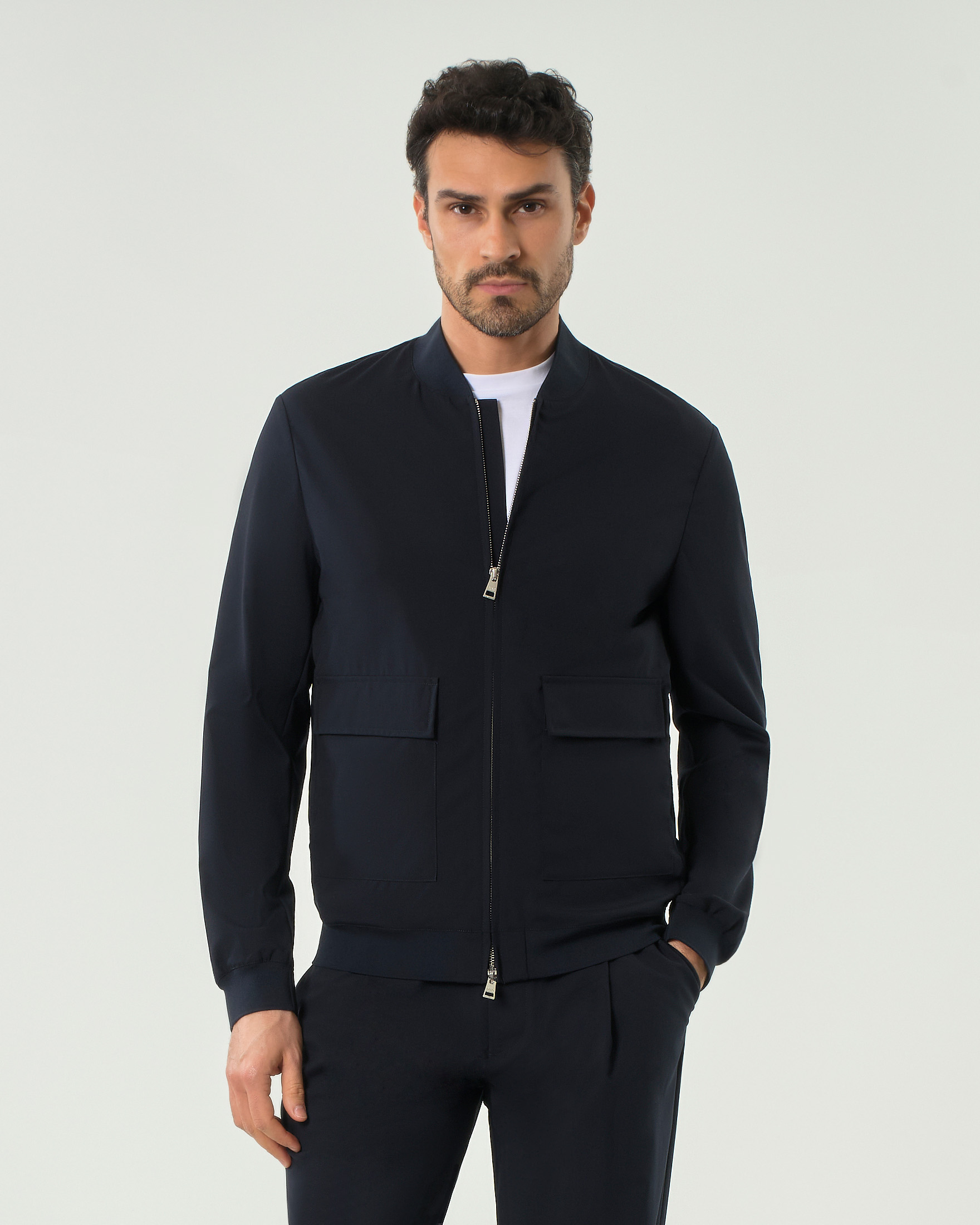 Bomber Duno blu in tessuto tecnico di lana stretch