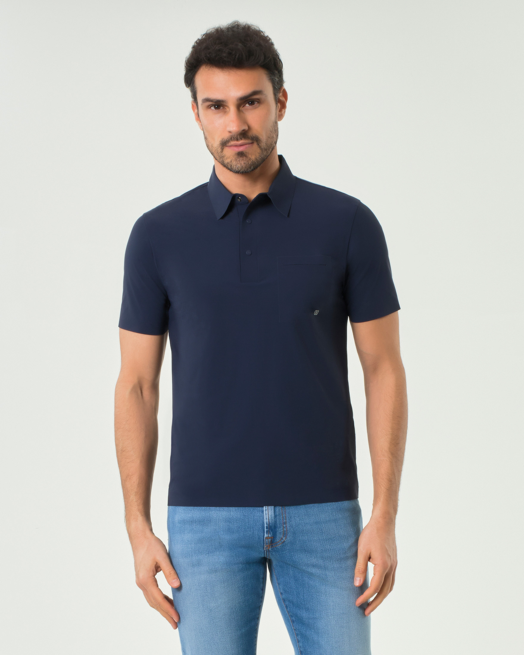 Polo mezza manica Duno blu in tessuto tecnico stretch con taschino