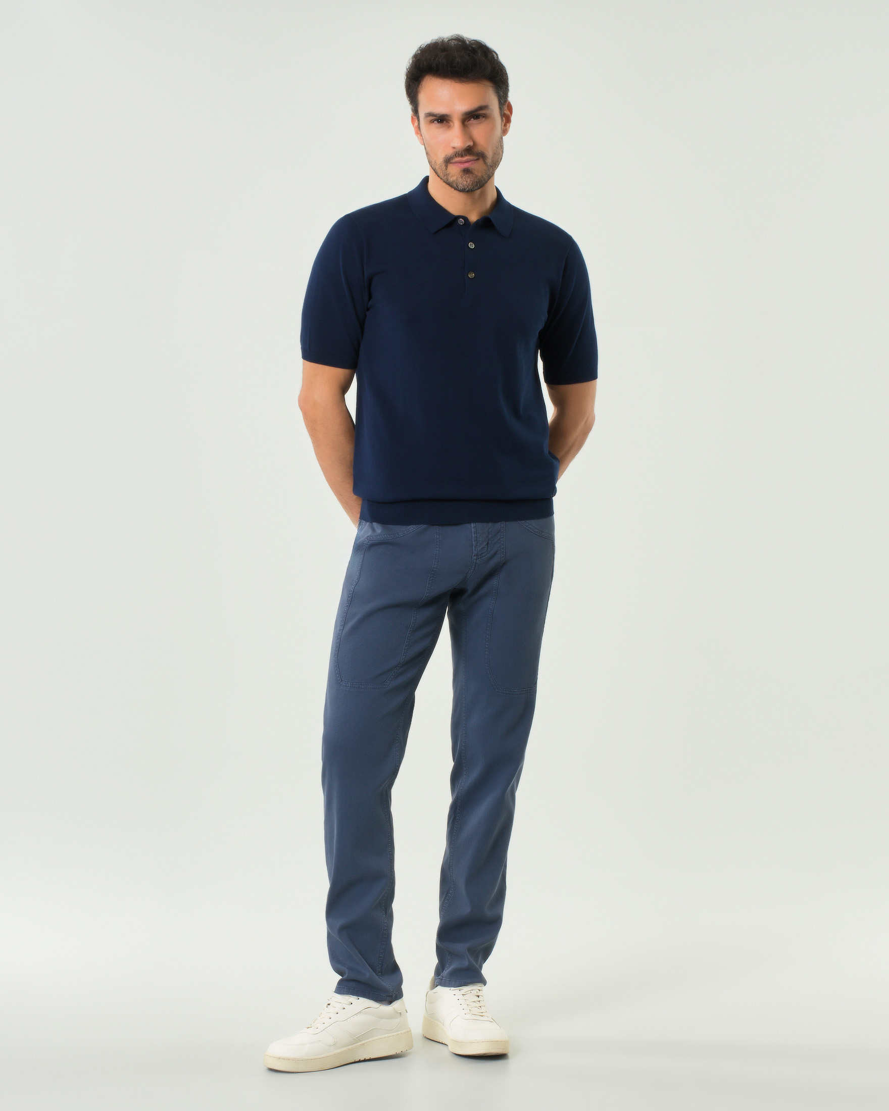 Pantalone Jeckerson blu indaco cinque tasche modello PA077 in cotone stretch micro riga con toppa