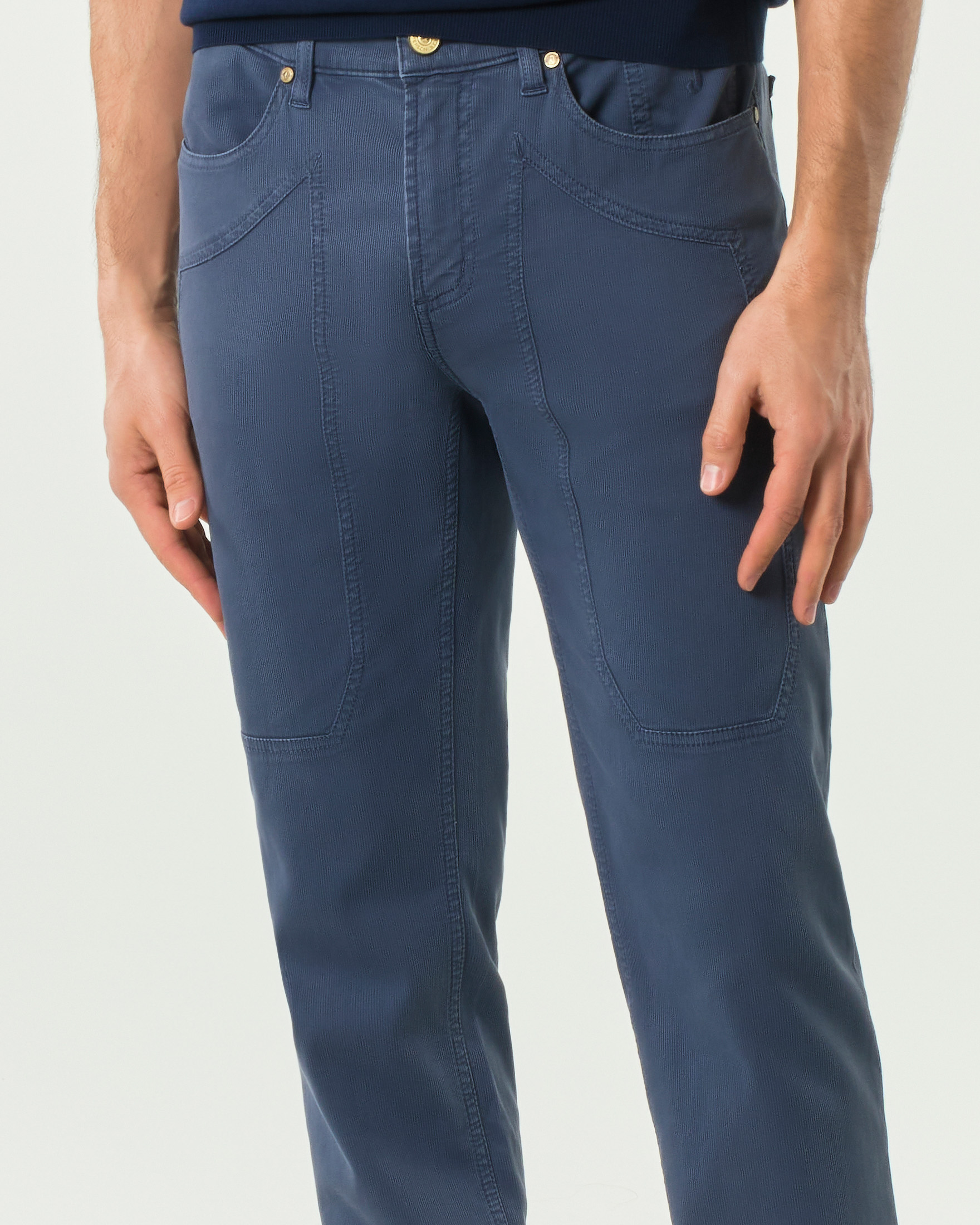 Pantalone Jeckerson blu indaco cinque tasche modello PA077 in cotone stretch micro riga con toppa image