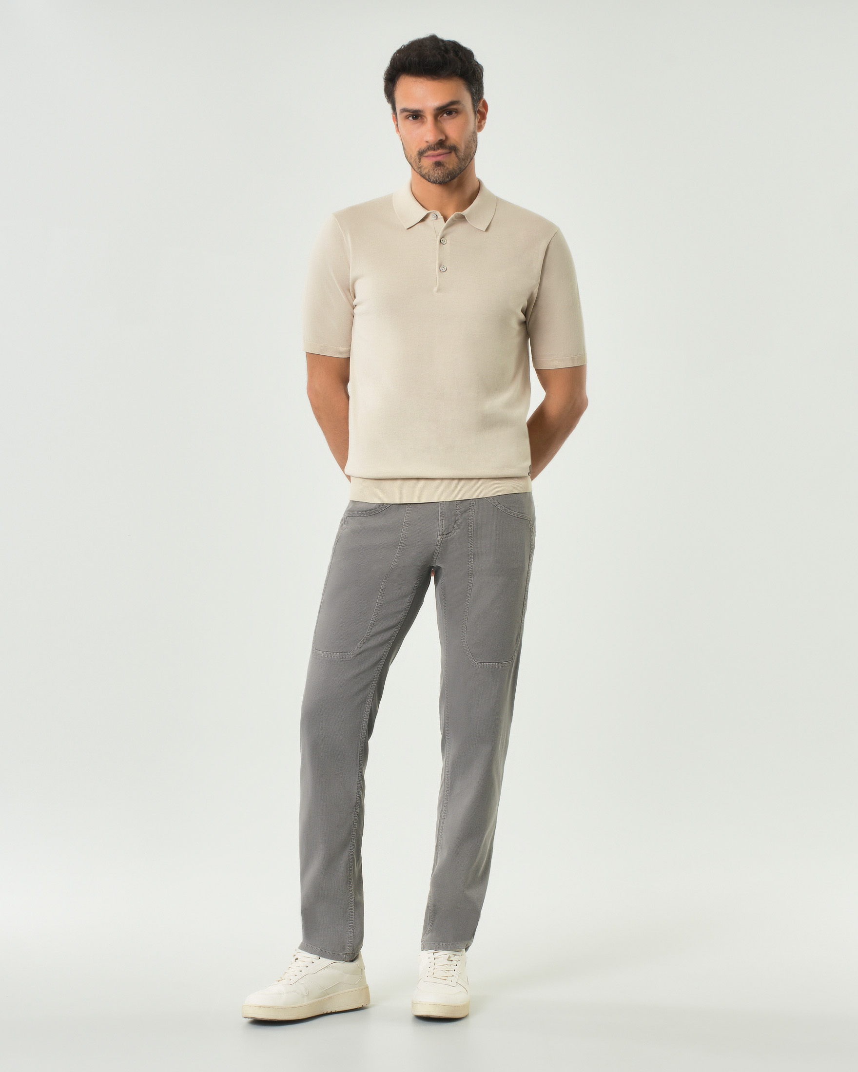 Pantalone Jeckerson grigio cinque tasche modello PA077 in cotone stretch micro riga con toppa