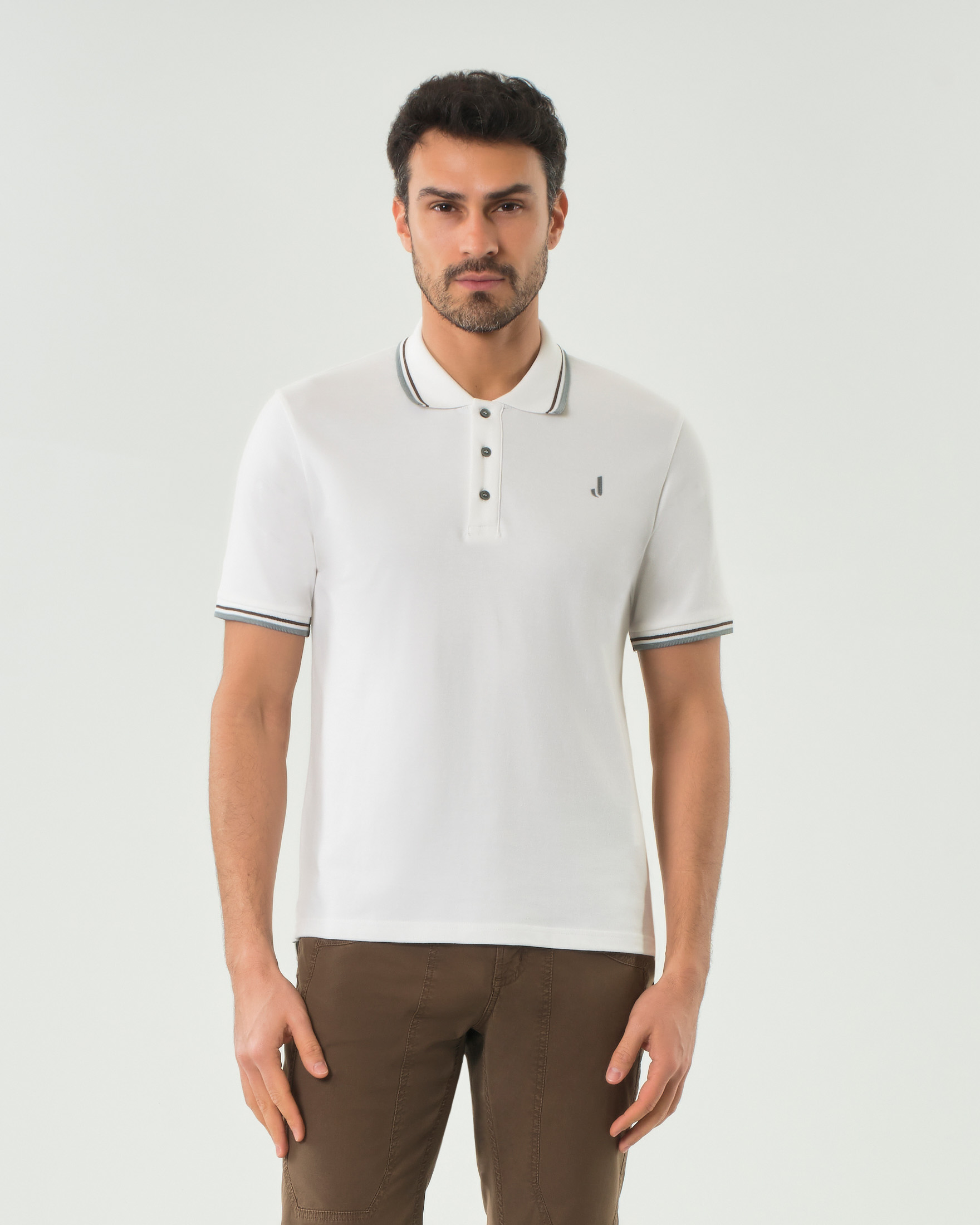 Polo Jeckerson bianca mezza manica in piquè di cotone stretch con bordino bi-colore