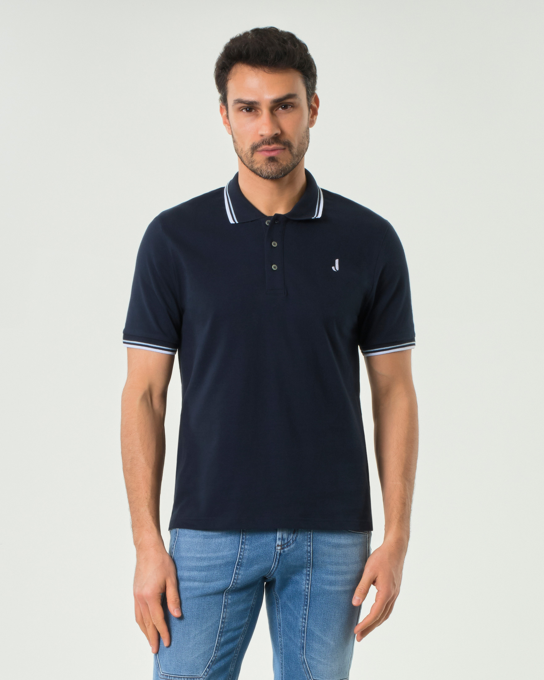 Polo Jeckerson blu mezza manica in piquè di cotone stretch con bordino bi-colore
