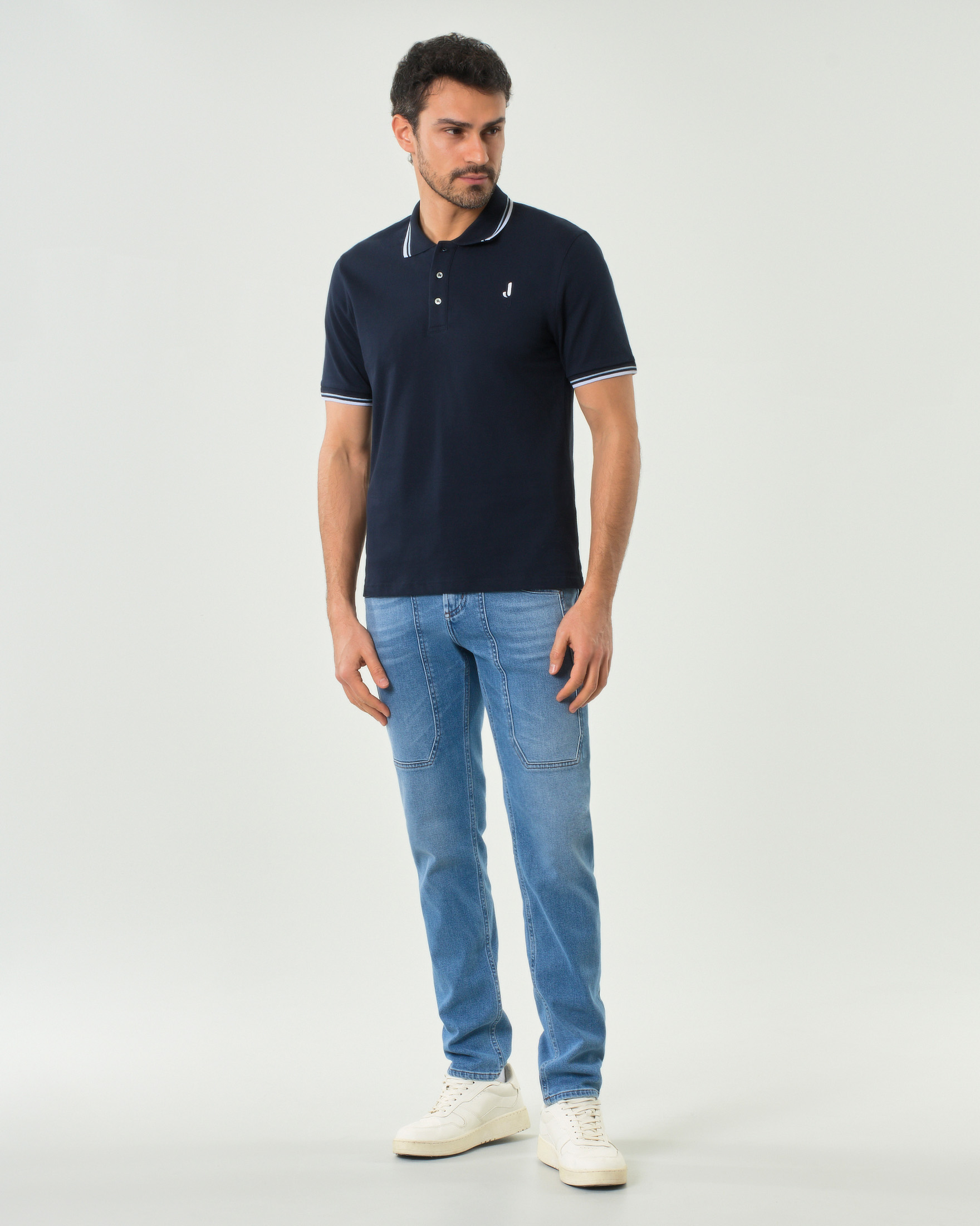 Polo Jeckerson blu mezza manica in piquè di cotone stretch con bordino bi-colore image