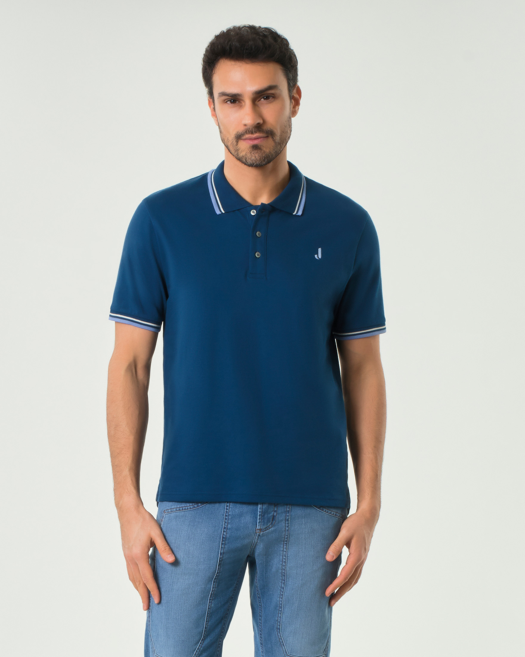 Polo Jeckerson blu indaco mezza manica in piquè di cotone stretch con bordino bi-colore