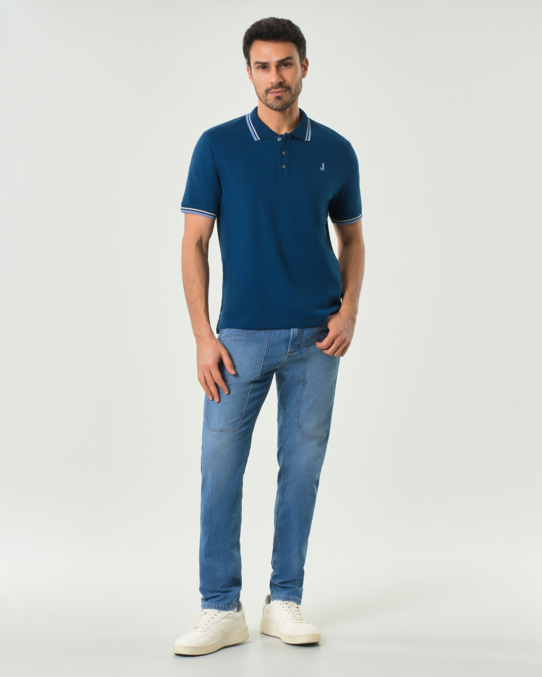 Polo Jeckerson blu indaco mezza manica in piquè di cotone stretch con bordino bi-colore image