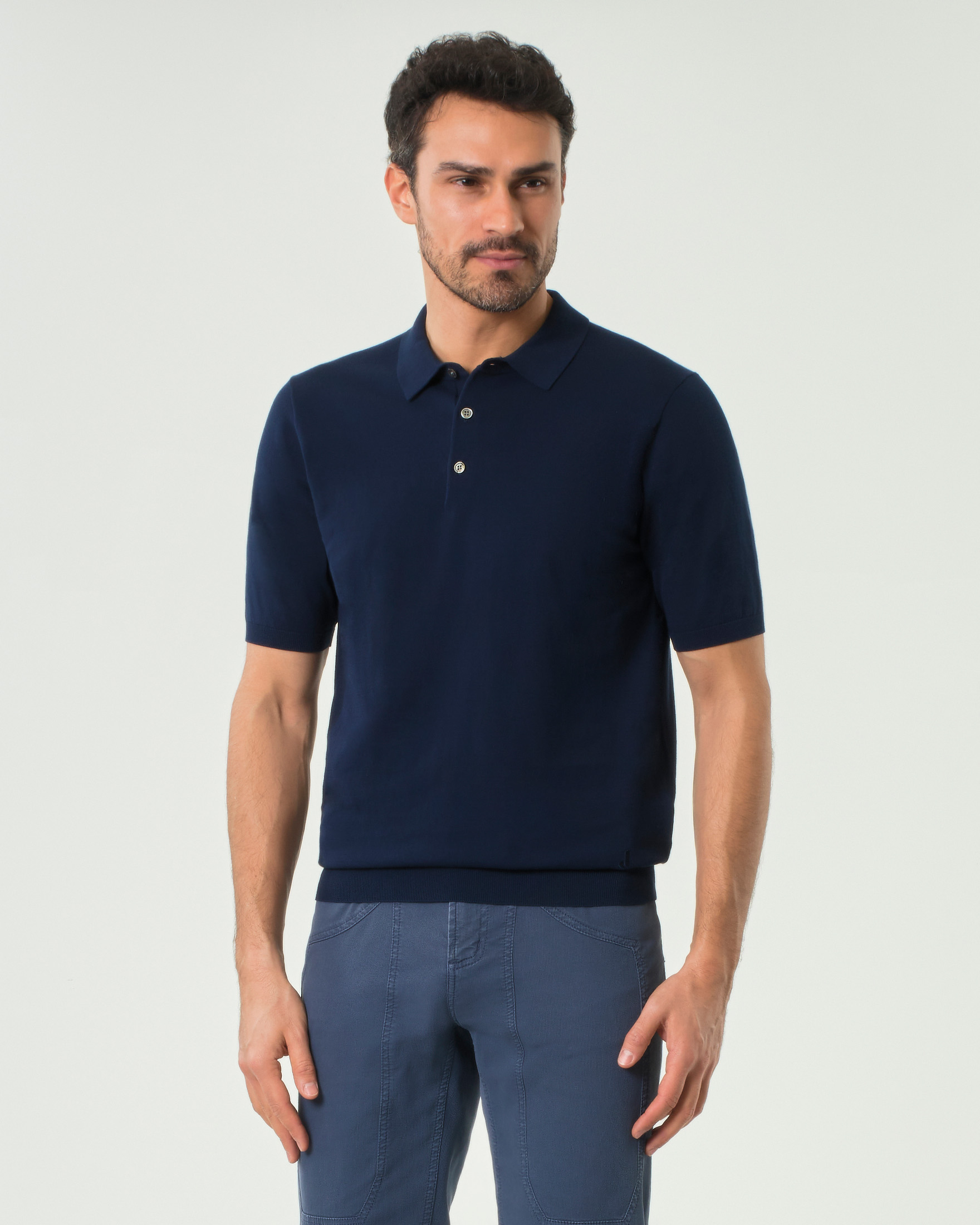 Polo Jeckerson blu mezza manica in crepe di puro cotone