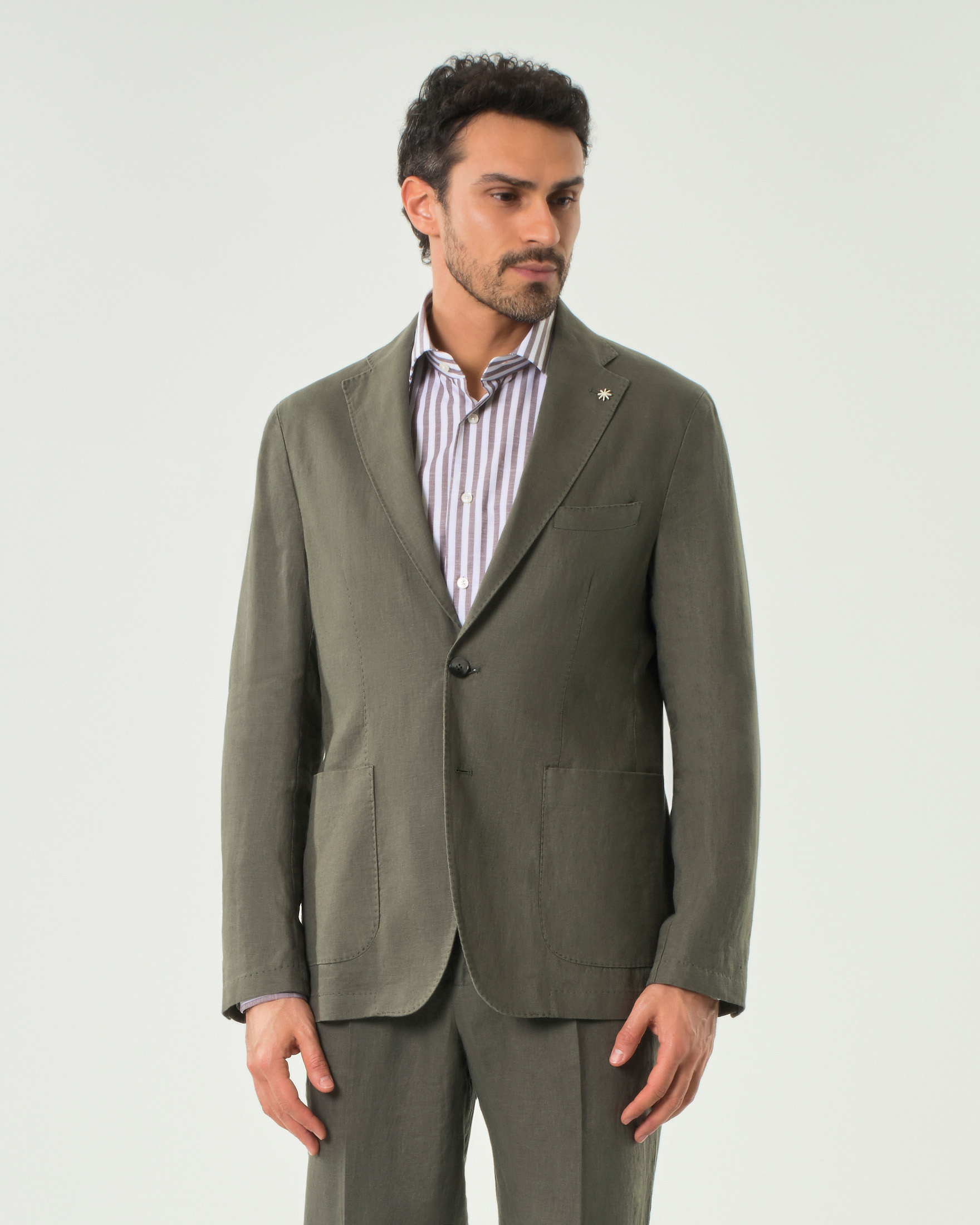 Abito Manuel Ritz verde militare in puro lino con rever classico image