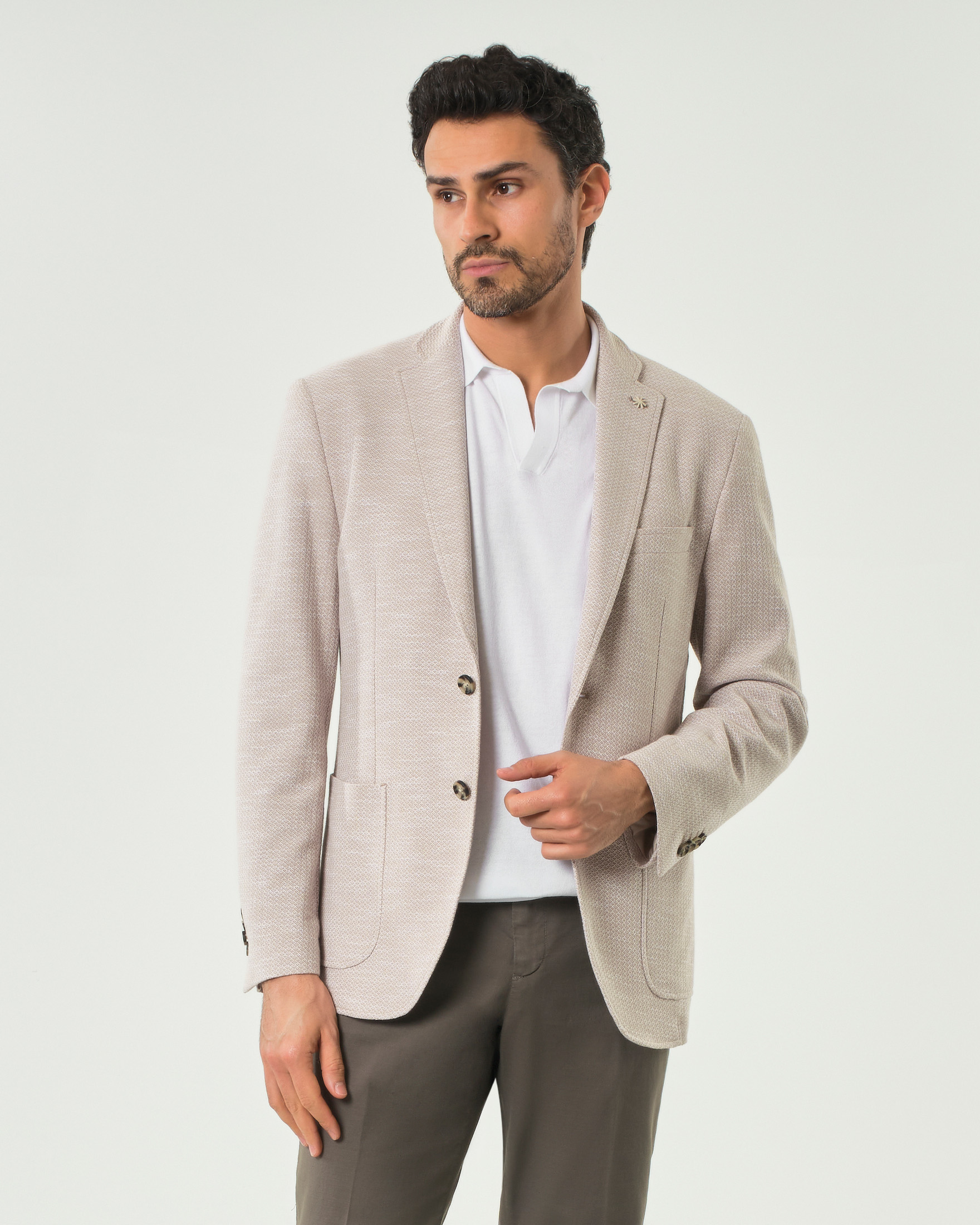 Blazer beige in maglia di cotone e lino micro armatura