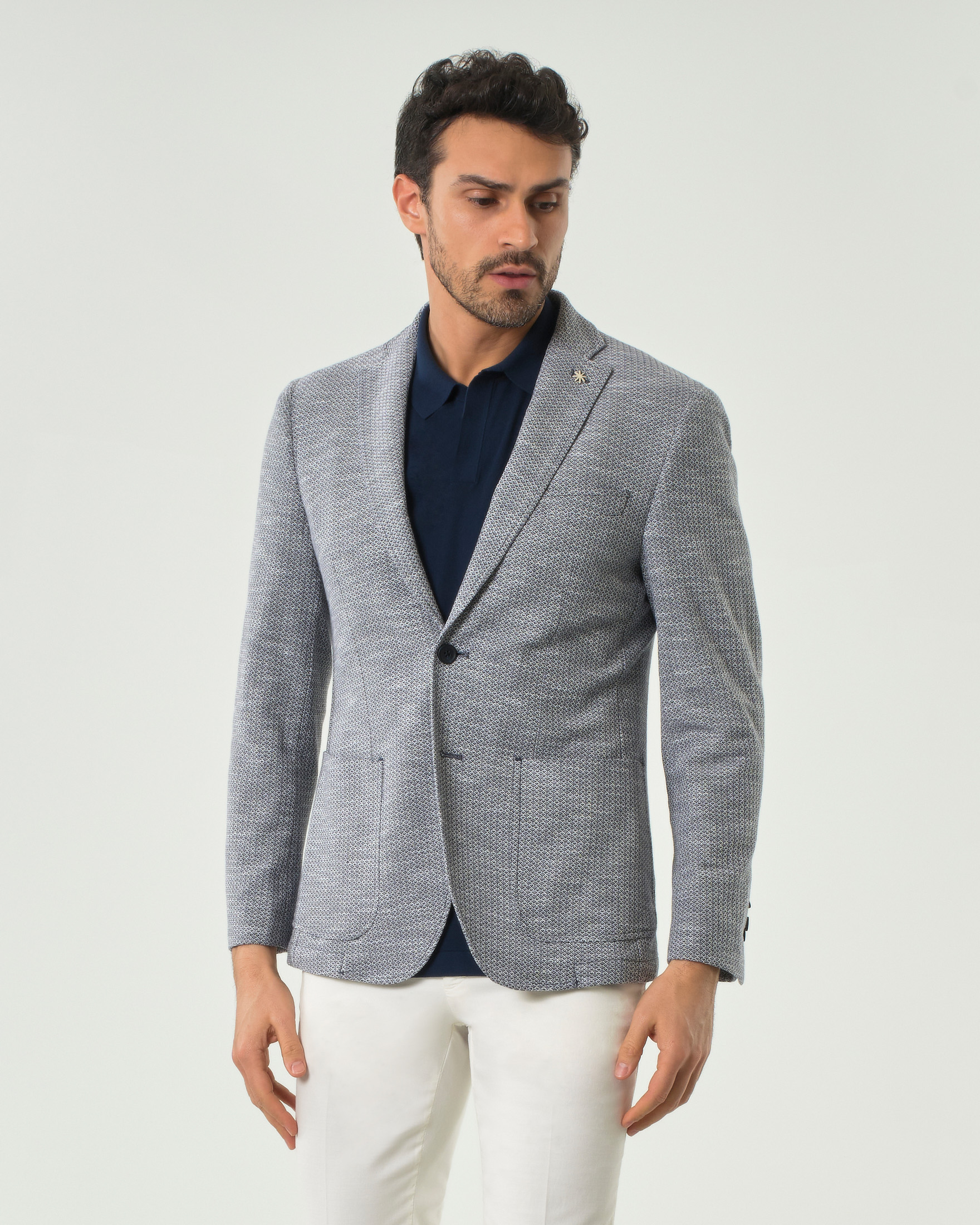 Blazer blu in maglia di cotone e lino micro armatura