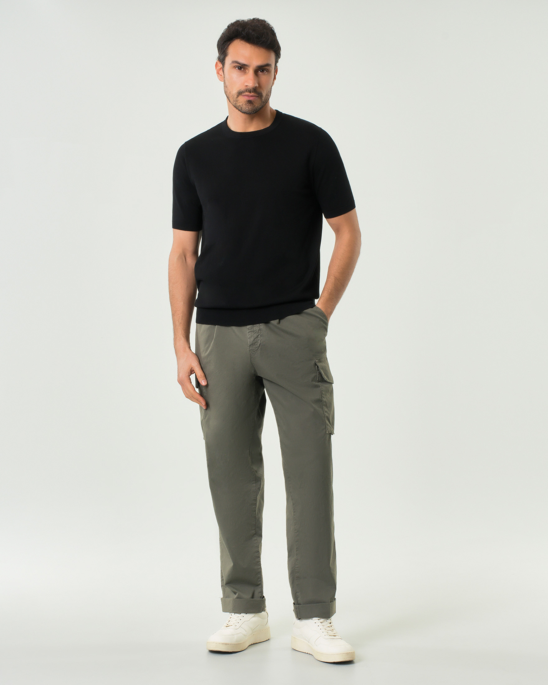 Pantalone cargo relaxed-fit verde militare in cotone stretch