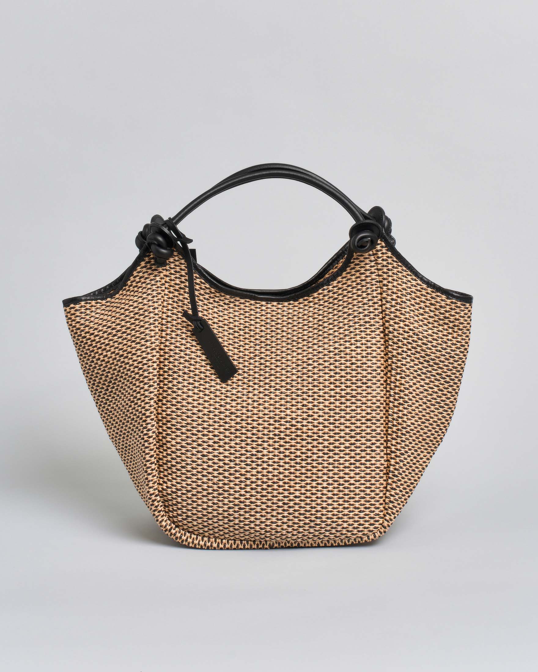 Borsa a spalla in rafia intrecciata beige e testa di moro