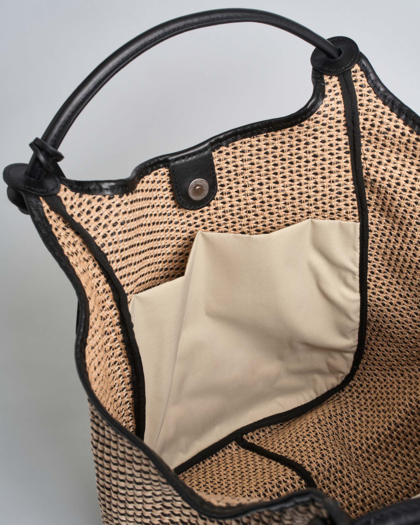 Borsa Marco Masi a spalla in rafia intrecciata beige e testa di moro image