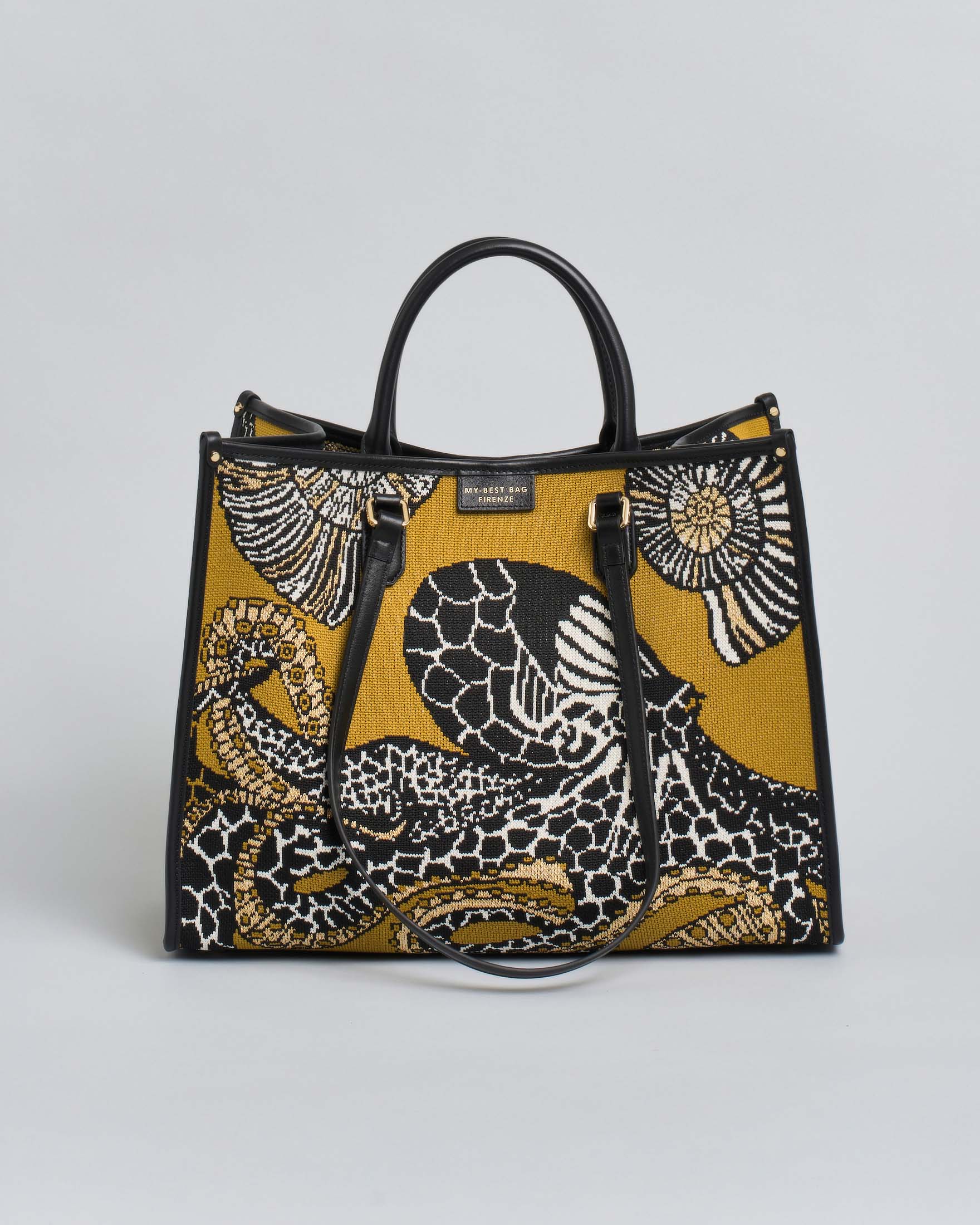 Borsa Atena Sea grande My Best Bag gialla in tessuto con disegno polpo